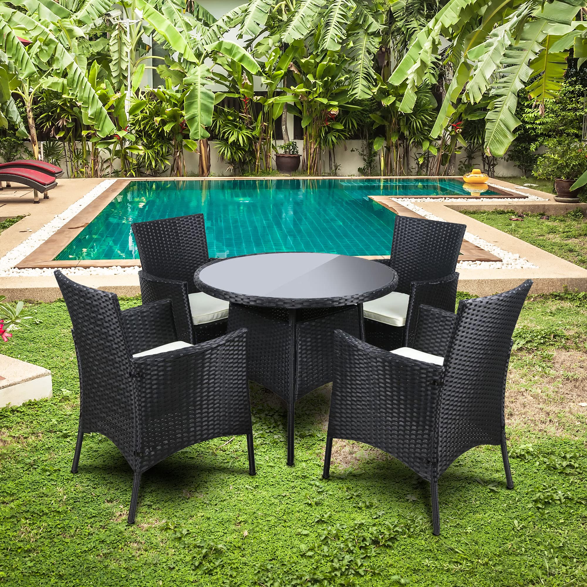5-Piece All-Weather Patio Dining Set - Wicker Outdoor Table & Chairs with Washable Cushions & Round Tempered Glass Tabletop - Perfect for Backyard, Garden, Poolside & Porch Outdoor Dining | LAZYLAND