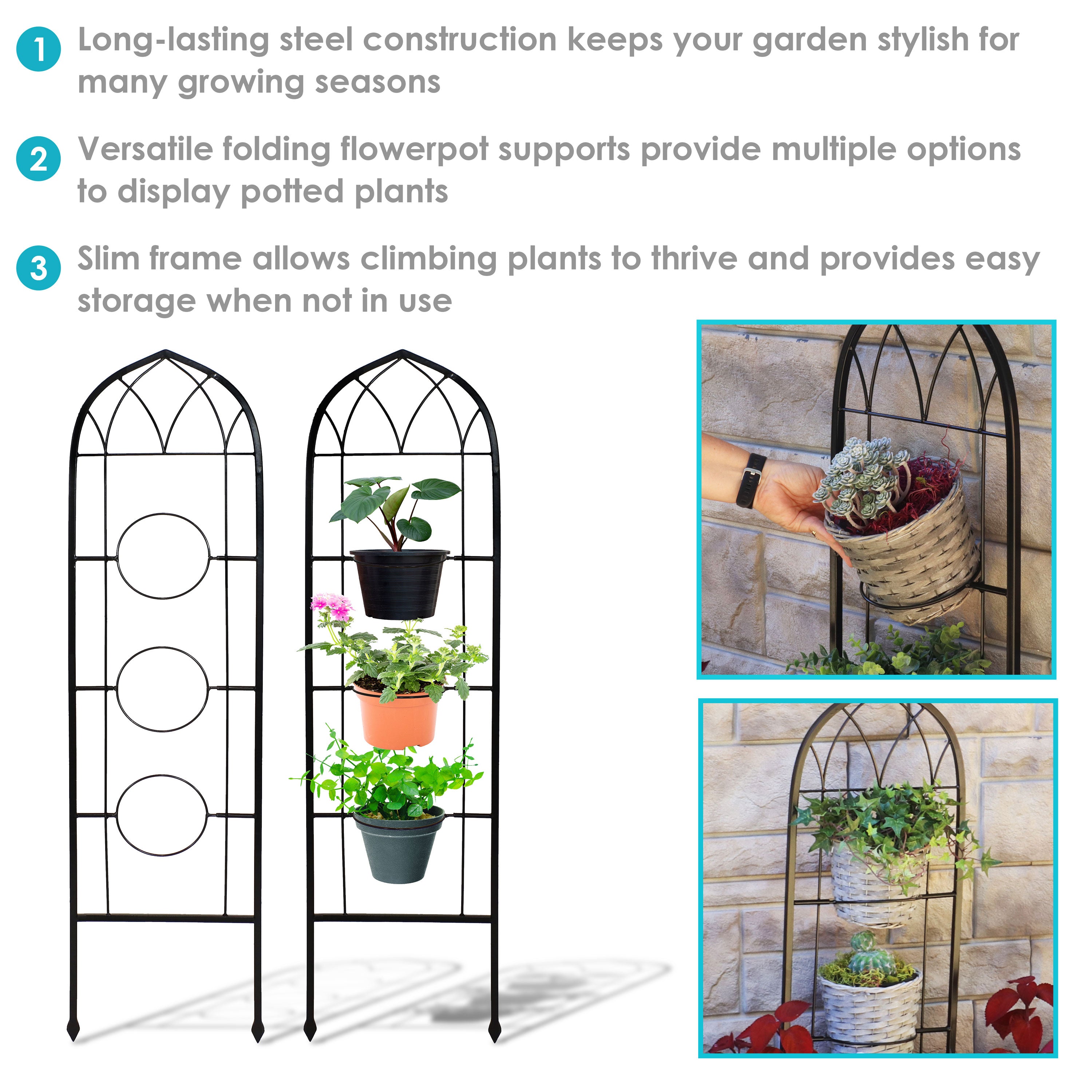 Sunnydaze 2-Piece Arched Garden Trellis with Folding Flowerpot Supports - Sturdy Metal Plant Climbing Frame for Vines, Roses & Outdoor Decor - Perfect for Patio, Backyard & Garden Landscaping