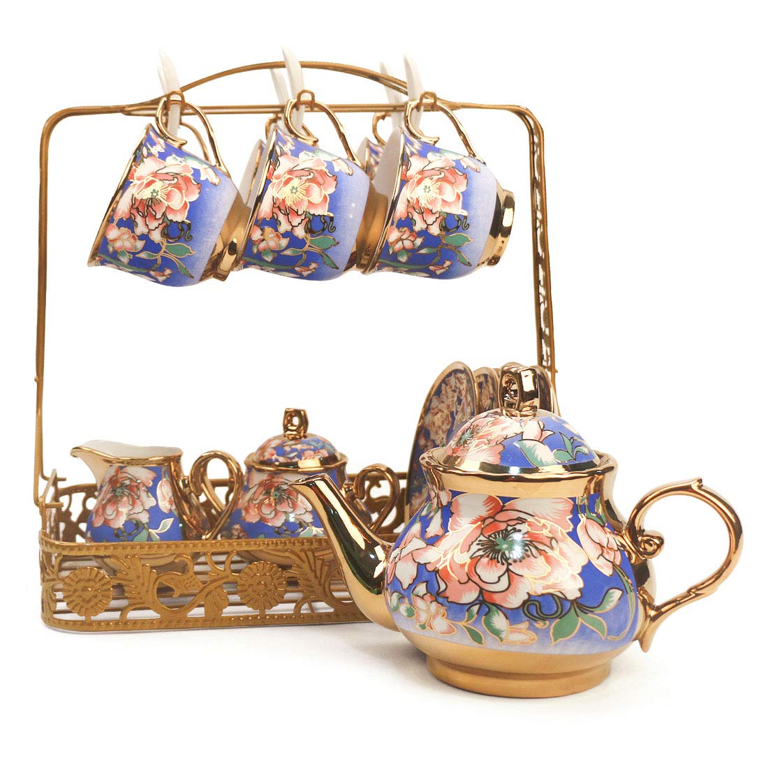 Havitar Chinese Bone China Coffee Cup Set with Tea Tray - Blue Lotus Ceramic Tea & Coffee Cups for Home, Office, Gifts - Elegant Tea Party & Afternoon Tea Accessories