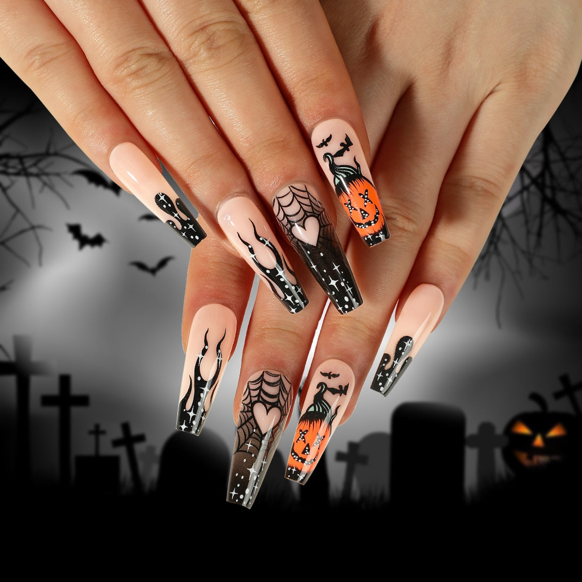 24Pcs Halloween Black Ghost Long Ballet Press On Nails with Heart Blood Design - Detachable Full Cover False Nails for Women, Halloween Party, Cosplay & Gothic Nail Art