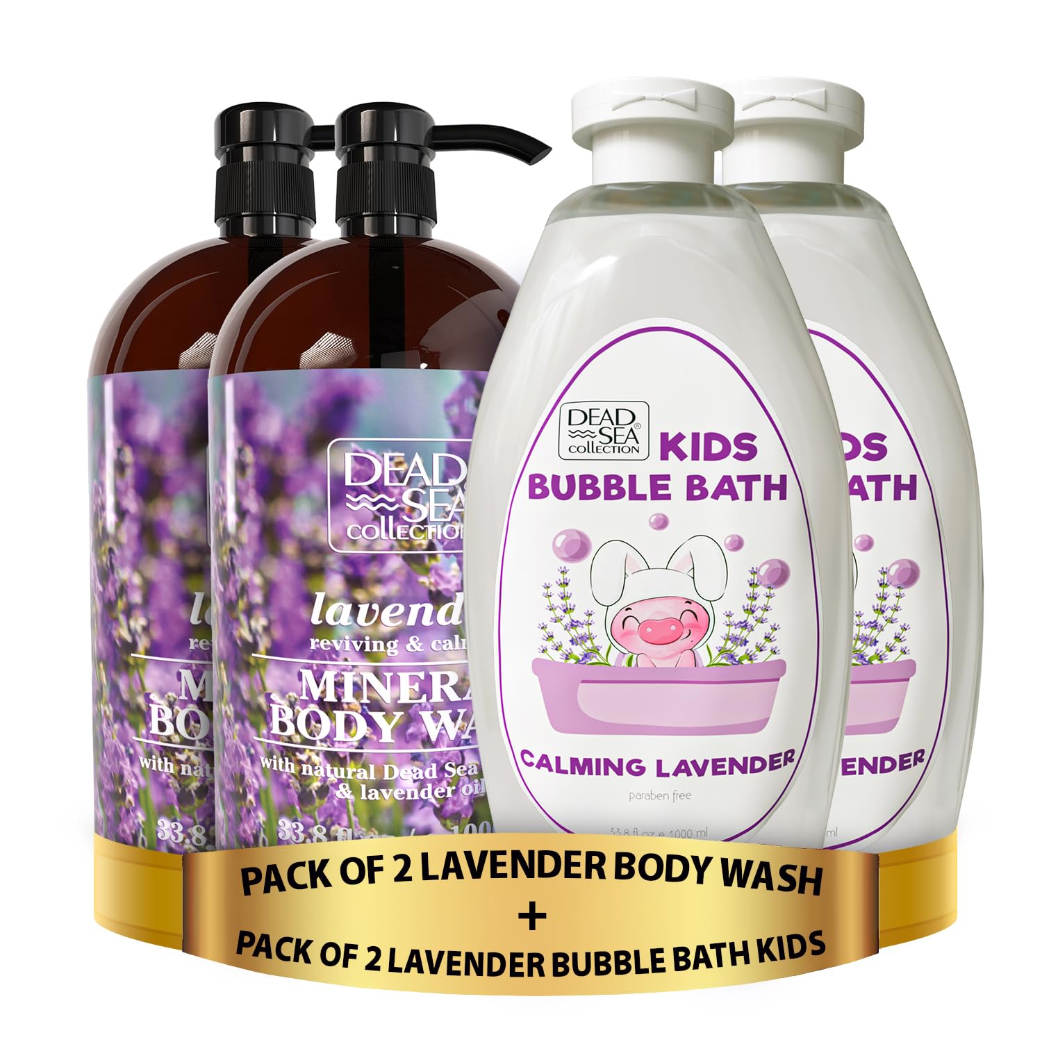 Dead Sea Collection Lavender Body Wash & Bubble Bath Gift Set - 2 x 67.6 fl oz Body Wash + 2 x 33.8 fl oz Kids Bubble Bath with Calming Lavender Scent - Moisturizing Bath Essentials for Relaxation & Sensitive Skin Care