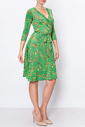 Women's 3/4 Sleeve Faux Wrap Midi Dress - Knee Length Summer Wedding Guest Dress for Bridal Shower, Baby Shower & Maternity Nursing - Made in USA - Green & Yellow Floral Print | Perfect for Garden Parties, Cocktail Events & Special Occasions