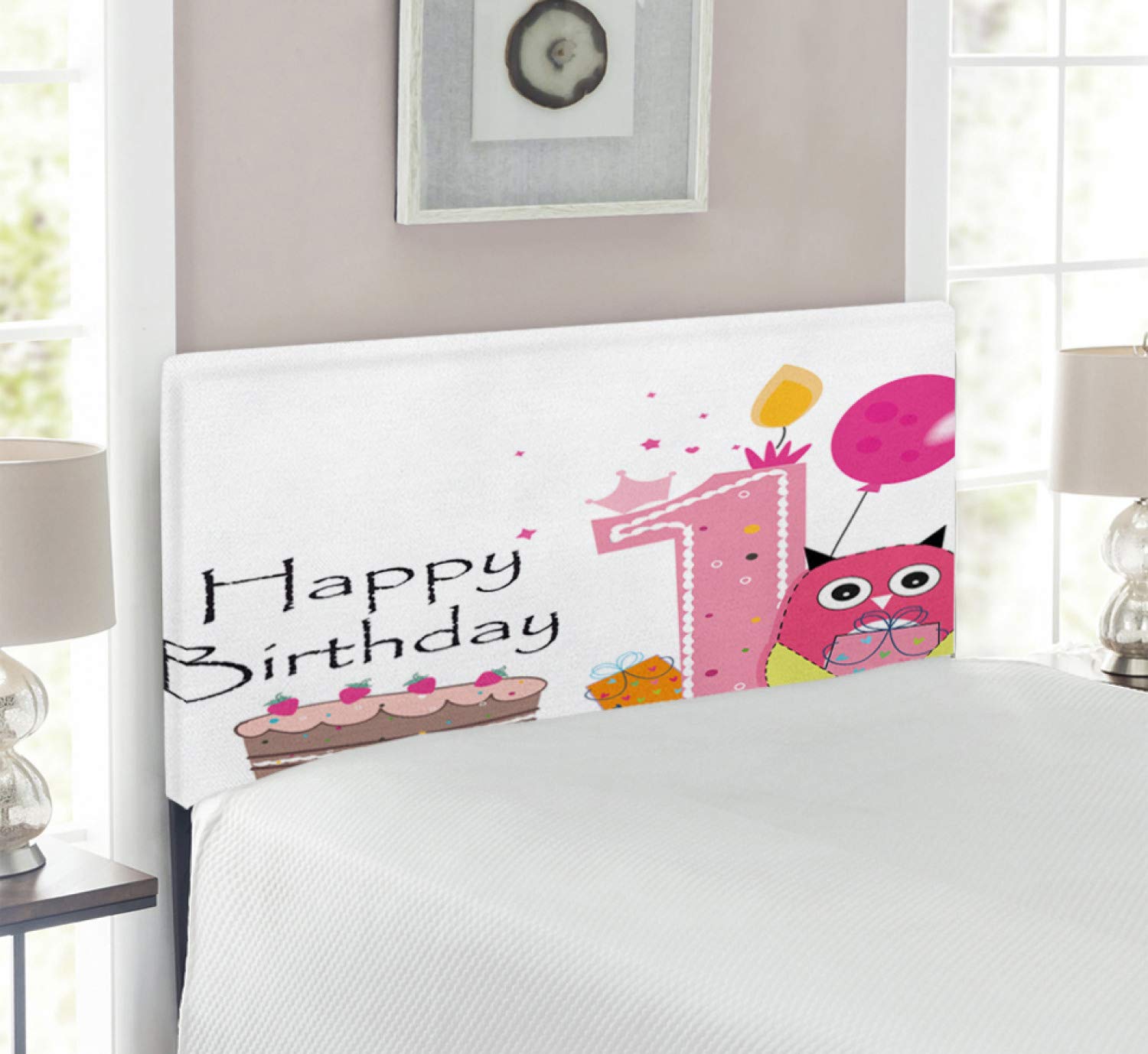 Ambesonne Twin Size Upholstered Headboard with Memory Foam - First Birthday Cake & Cartoon Owl Design in Brown, Hot Pink & Pink | Decorative Metal Bed Headboard for Kids Room, Nursery & Birthday Surprise Decor