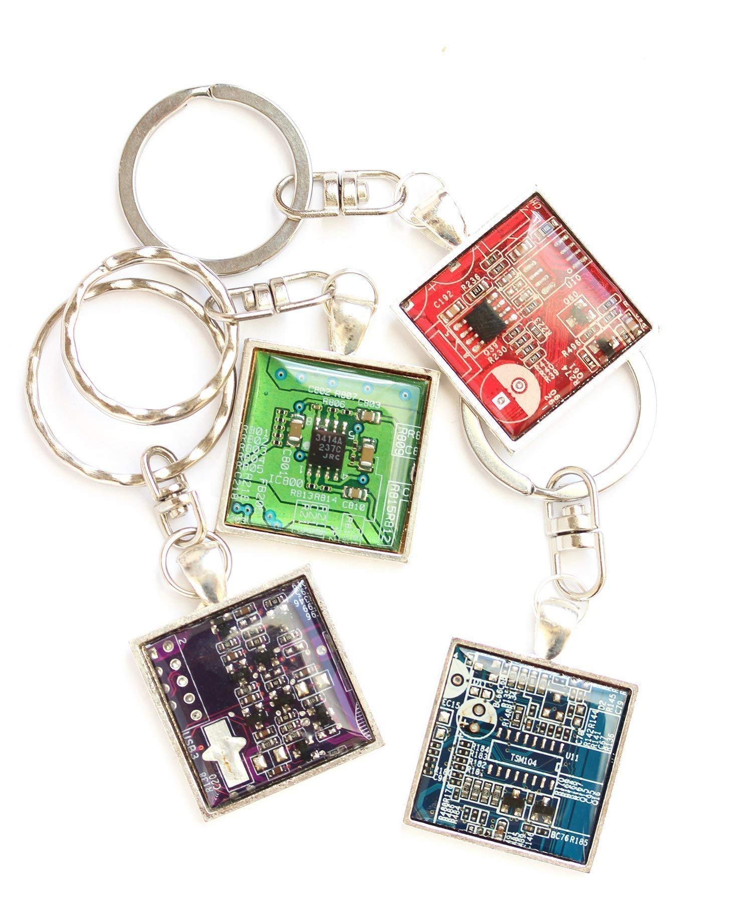 Eco-Friendly Recycled Circuit Board Keychain - Square Design (Red) | Unique Tech Gift for Engineers, Programmers & Electronics Enthusiasts | Perfect for Office Keys, Backpacks & Geek Accessories