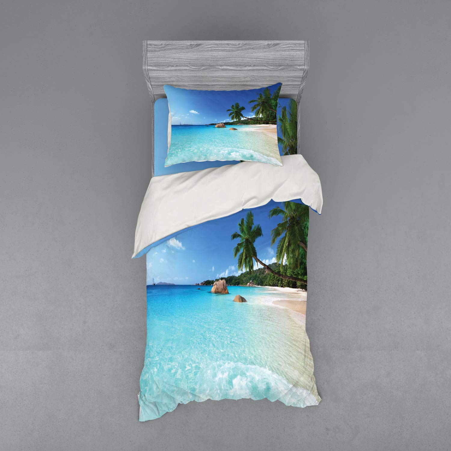 Ambesonne Ocean Bedding Set - 3 Piece Duvet Cover with Sham & Fitted Sheet, Twin XL Size, Turquoise Blue Green - Coastal Beach Theme for Bedroom Decor | Perfect for Guest Rooms, Vacation Homes & Coastal Themed Interiors