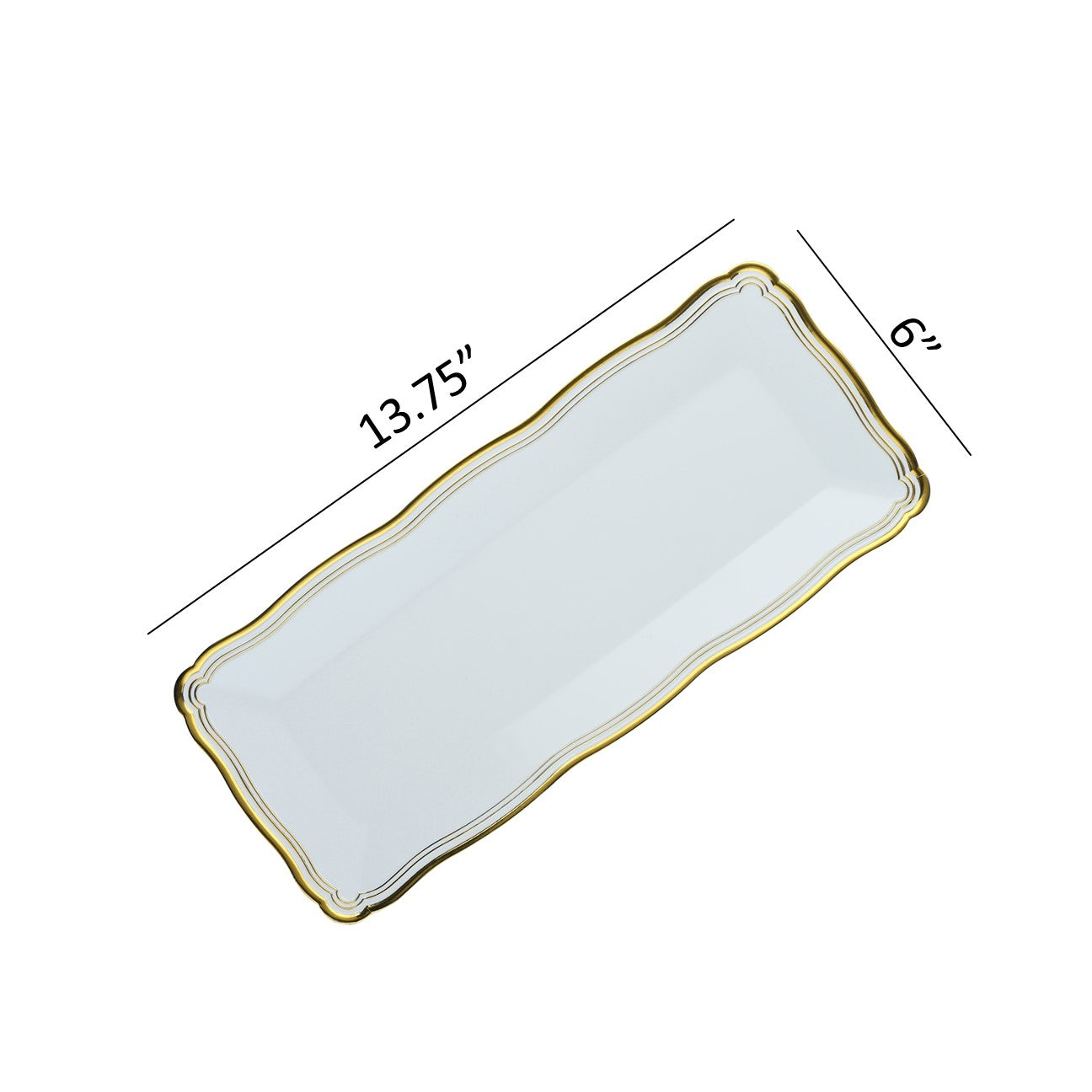 13.75 x 6 Inch White and Gold Rim Rectangle Plastic Serving Tray - Elegant Appetizer, Dessert, and Drink Serving Tray for Parties, Weddings, and Home Decor