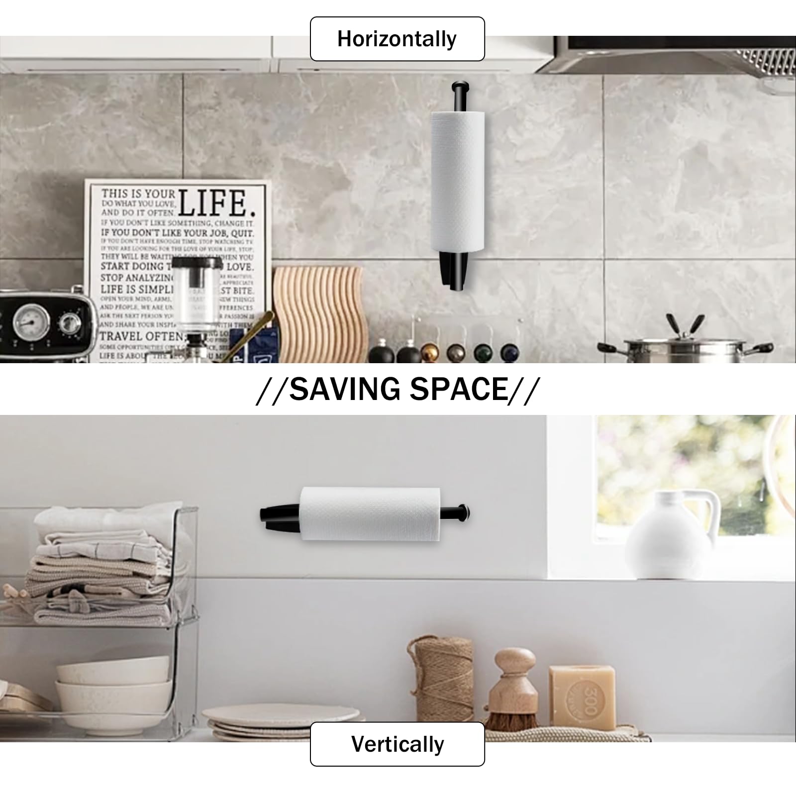 Stainless Steel Under Cabinet Paper Towel Holder - Wall Mount & Self Adhesive Kitchen & Bathroom Paper Towel Roll Rack - SUS304 Black Paper Towel Bar for Easy Access & Space Saving (Perfect for Small Kitchens, RVs & Apartments)