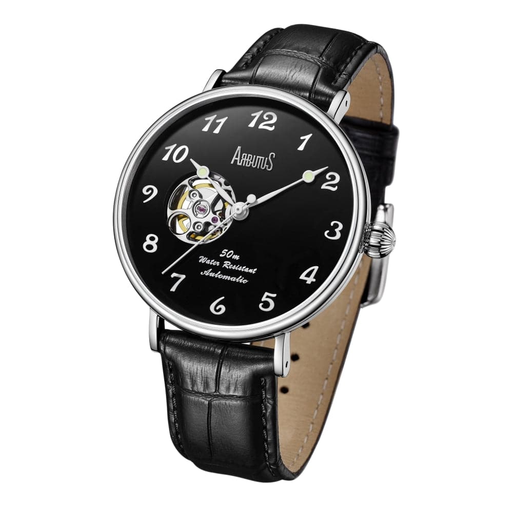 ARBUTUS AR1805SBB Open Heart Black Men's Watch - 9 O'Clock Skeleton Dial, Stainless Steel Band, Water Resistant - Perfect for Business, Formal Events & Daily Wear