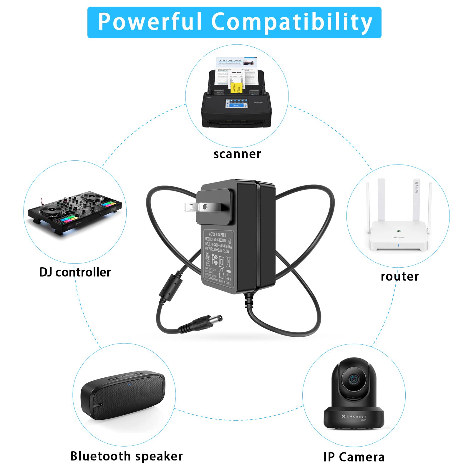 5V 3A Power Adapter - Universal AC 100-240V to DC 5 Volt 3A Power Supply with 8 Tips - Compatible with LED Strips, String Lights, CCTV Cameras, Security Systems - Perfect for Home, Office & Outdoor Lighting Solutions