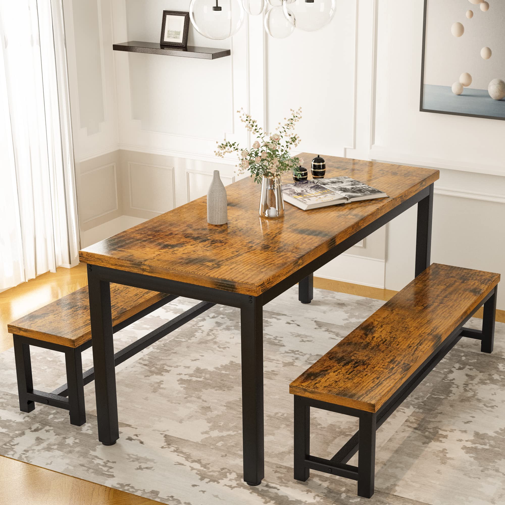 Hooseng 4-Piece Dining Table Set with 2 Benches - 47 Inch Space-Saving Kitchen Table & Chairs for Small Families - Heavy Duty Sturdy Metal Frame in Brown - Perfect for Breakfast Nooks, Small Apartments & Cozy Dining Spaces