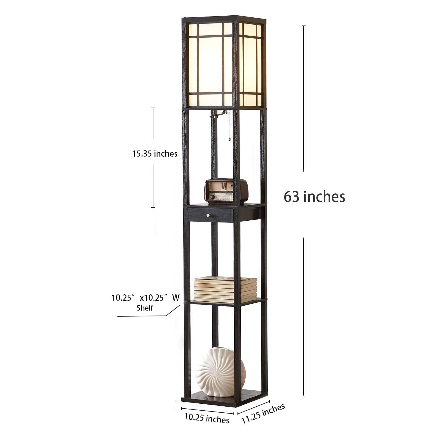 Modern Floor Lamp with Shelves & Drawer - LED Bulb Included, Space-Saving Corner Tower Lamp with Storage, Tall Bookshelf Nightstand Light for Living Room, Bedroom, Office - Perfect for Reading & Home Decor (Black)
