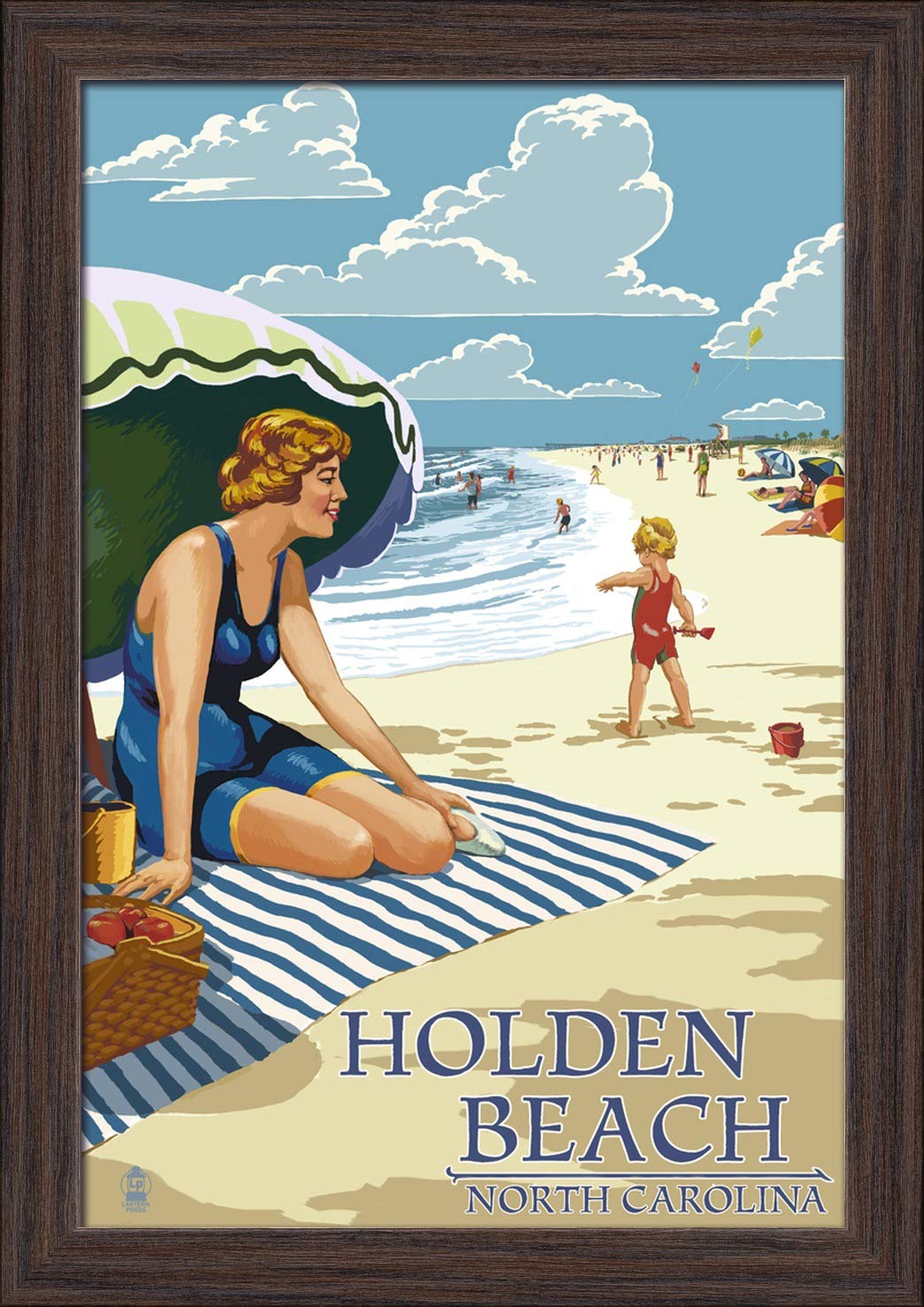 12x18 Giclee Fine Art Print - Holden Beach North Carolina Coastal Woman Painting - Recycled Wood Frame in Espresso Brown - Perfect for Beach House Decor & Coastal Living Room Wall Art