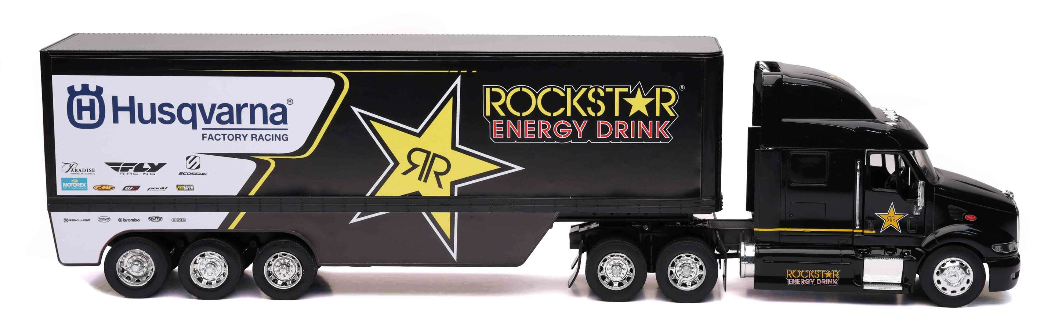 1:32 Scale Rockstar Husqvarna Racing Transporter Rig - Die-Cast Model Truck with Motorcycle for Collectors & Racing Fans - Perfect for Display, Gifts & Diorama Scenes