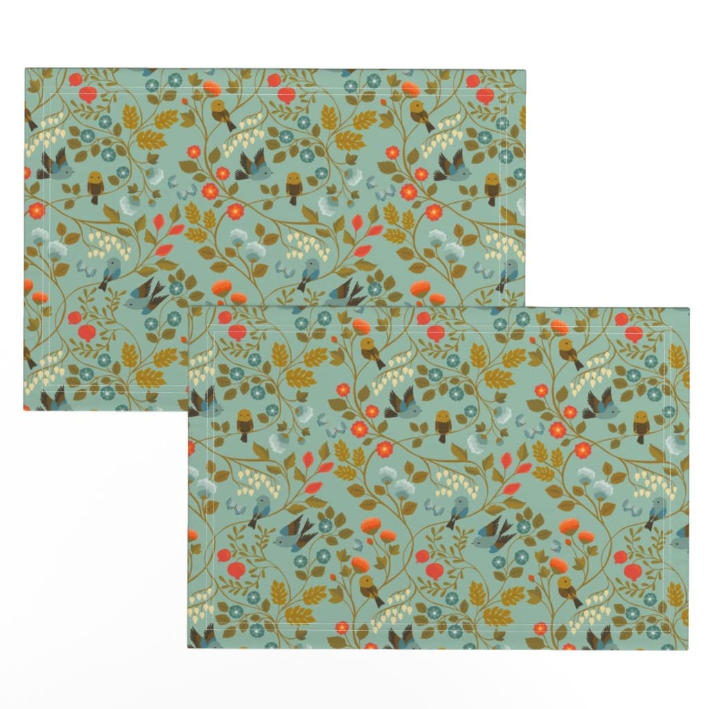 Vintage Blue Birds Victorian Chinoiserie Fruit Print Linen Cotton Canvas Placemats (Set of 2) - Elegant Table Setting for Dining Room, Kitchen, and Party Decor