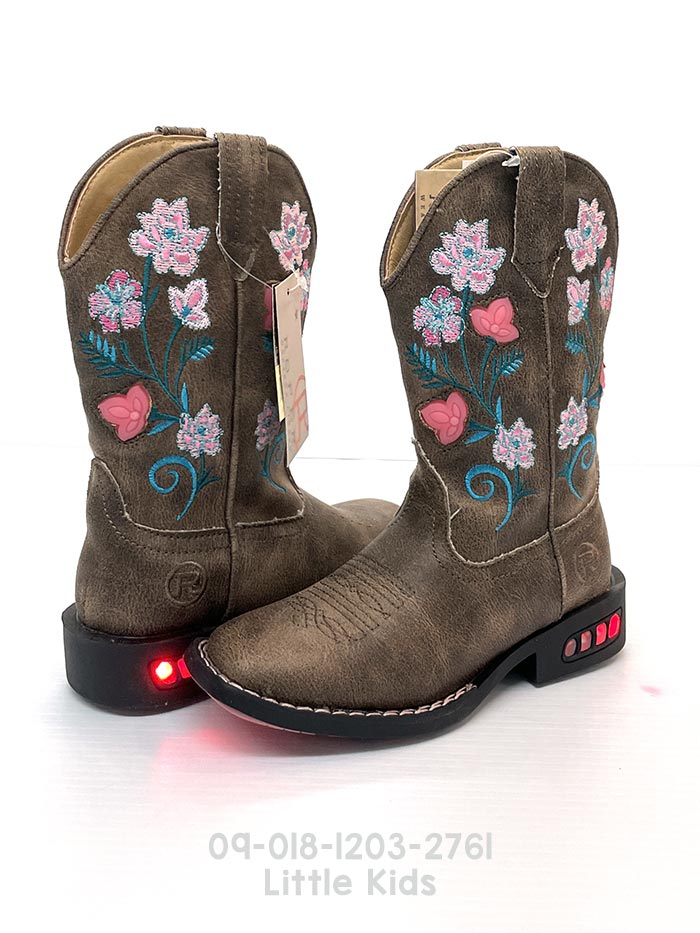 Roper Kids Dazzle Light Up Floral Square Toe Western Boots - Brown Cowgirl Boots for Girls with Flashing Lights | Perfect for Rodeo, Dance Performances & Western Themed Parties