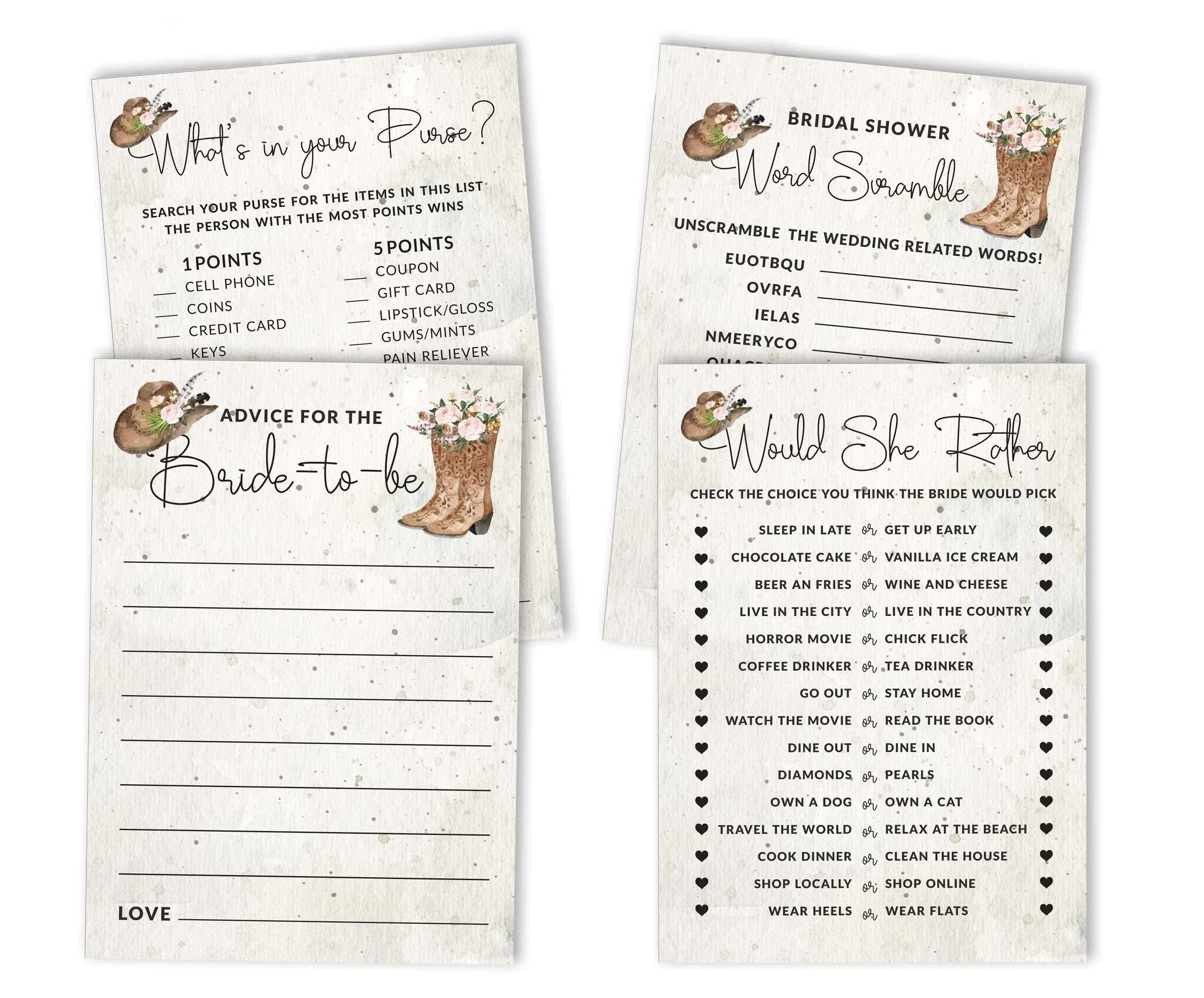 Bachelorette Party Games Set - Cowgirl Themed Bridal Shower Games Bundle (4 Games, 50 Sheets Each) for Wild West Bachelorette Parties & Girls Night Out Fun