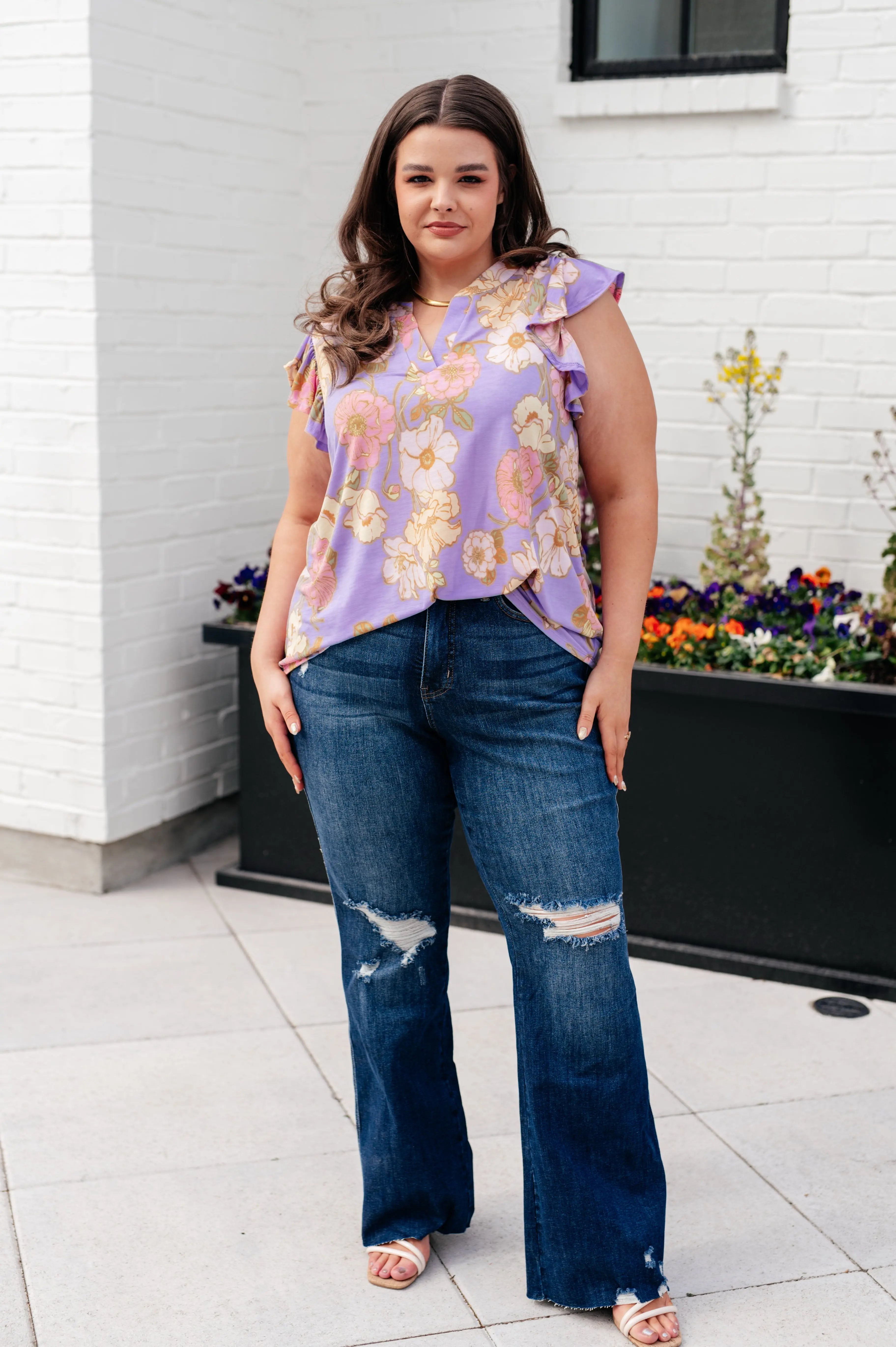 Lizzy Flutter Sleeve Top - Lavender French Floral Print Women's Blouse | Casual Summer Tops for Brunch, Date Night & Outdoor Events