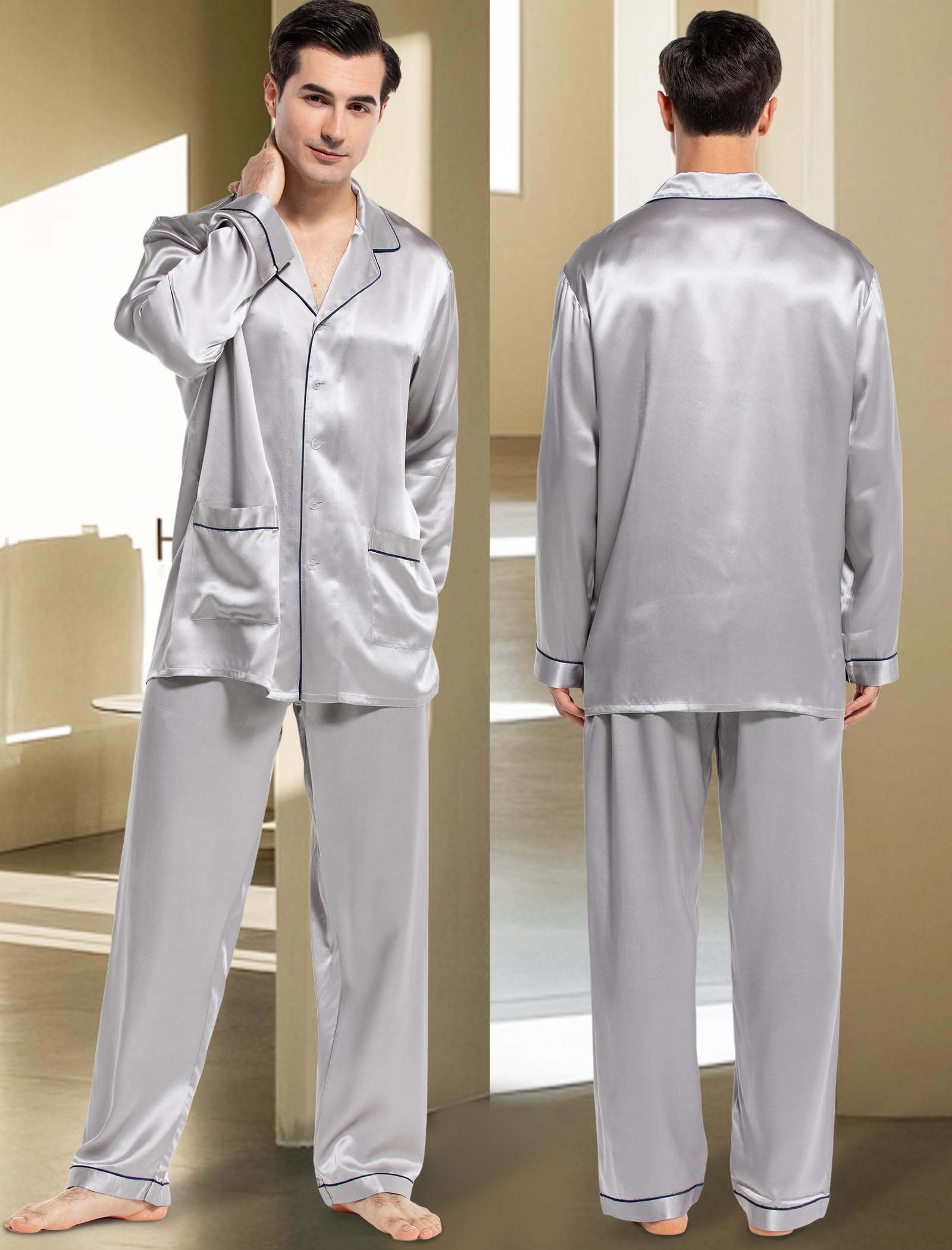 Premium Men's Silk Pajama Set - 100% Mulberry Silk Long Sleeve Button Down Sleepwear (2-Piece) for Luxury Comfort & Relaxation at Home | Gift for Him