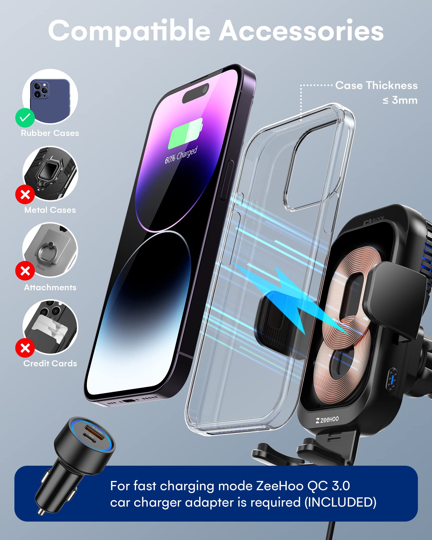 ZeeHoo 15W ICEBLOCK Wireless Car Charger - Fast Cooling Charging with Dual Coils, Auto Clamp Phone Mount for iPhone 15/14/13/12/11 Pro Max/XR, Samsung S22 Ultra/S21/S20/S10+/S9+/Note 9 - Perfect for Road Trips & Daily Commutes