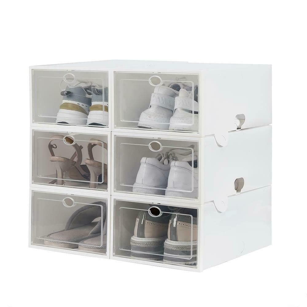 24-Pack Clear Foldable Drop Front Shoe Boxes - Stackable Shoe Storage Organizer for Closet, Bedroom & Entryway Organization