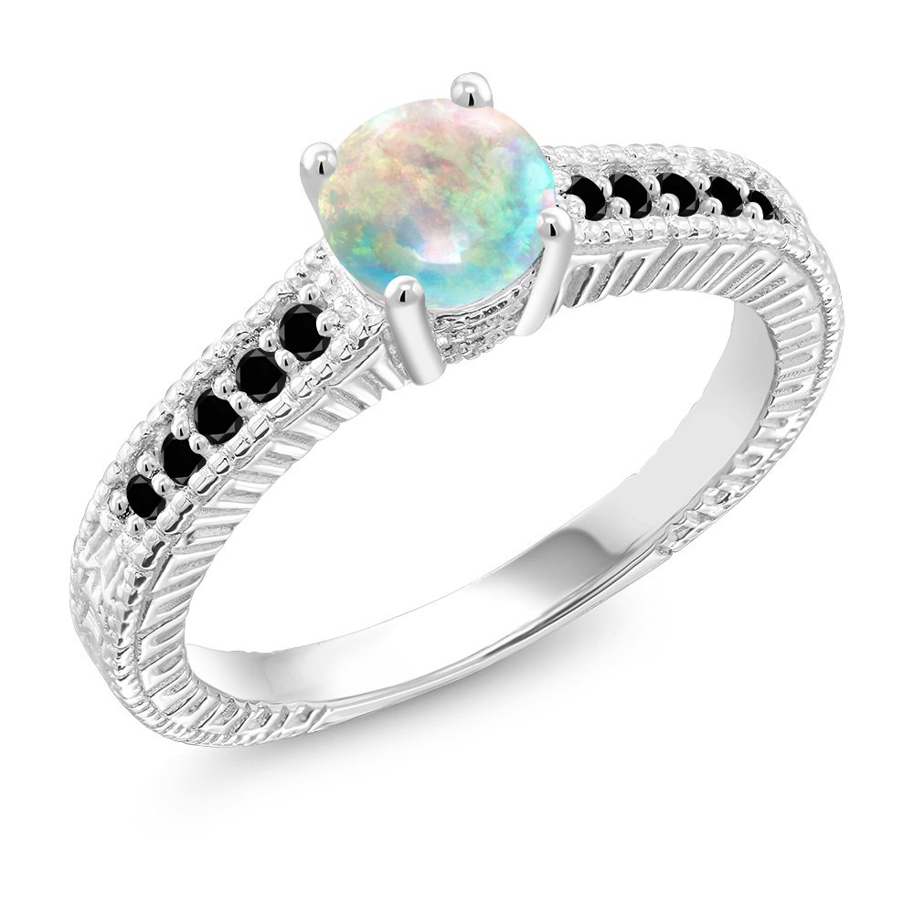 0.92Ct Simulated Opal & Black Diamond 925 Sterling Silver Engagement Ring for Women - Gem Stone King | Wedding, Proposal, Anniversary Gift Idea