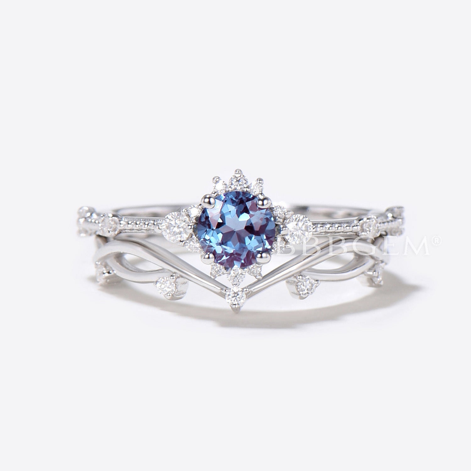 1/2 Carat Round Alexandrite & Moissanite Ring in White & Rose Gold - Minimalist Twig Branch Ivy Design for Women - Perfect for Engagement, Wedding, Anniversary & Everyday Elegance