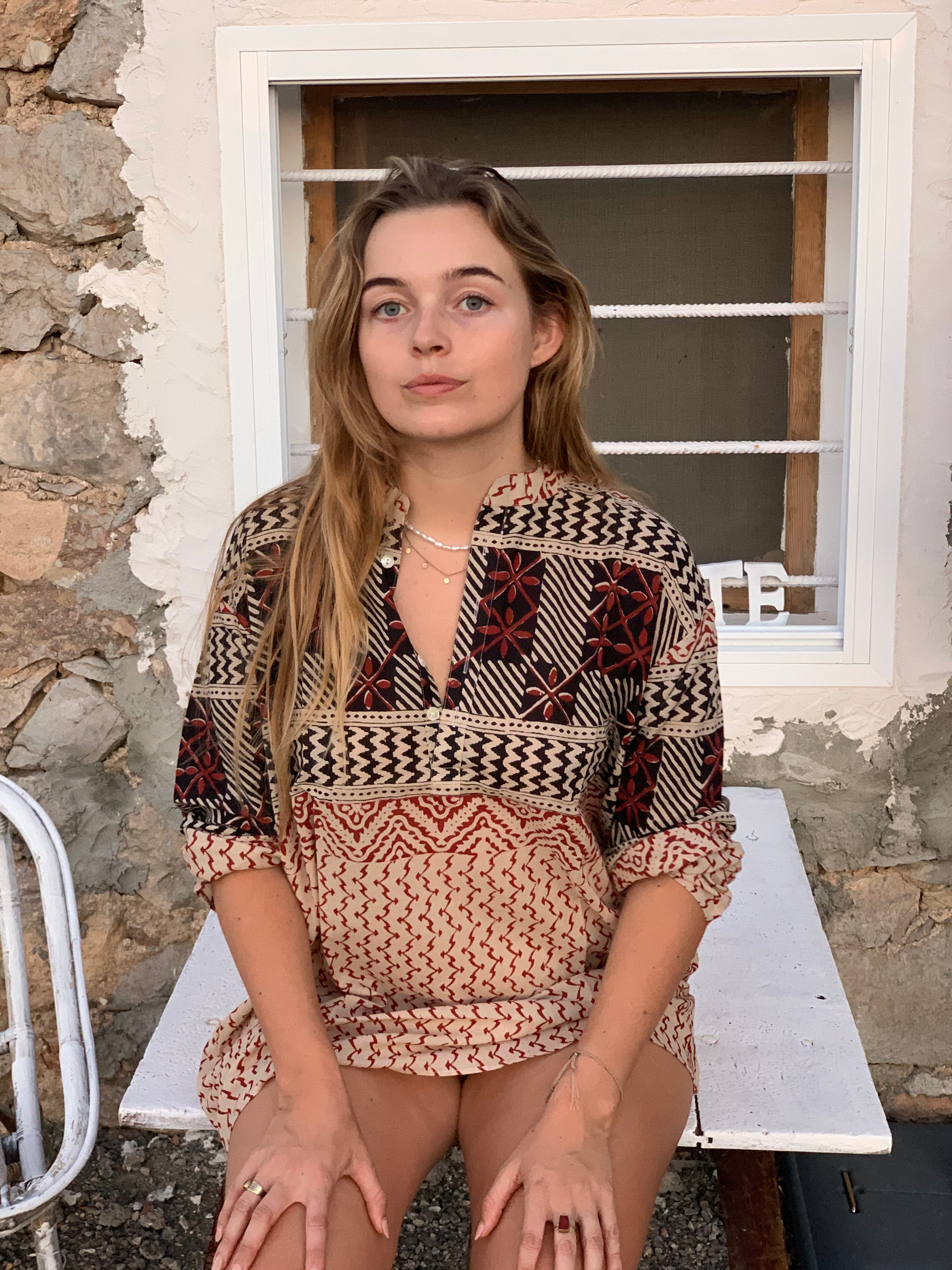 Modern Block Print Tunica Button Down Shirt - Stylish & Comfortable Women's Casual Top for Summer, Travel & Boho Outfits