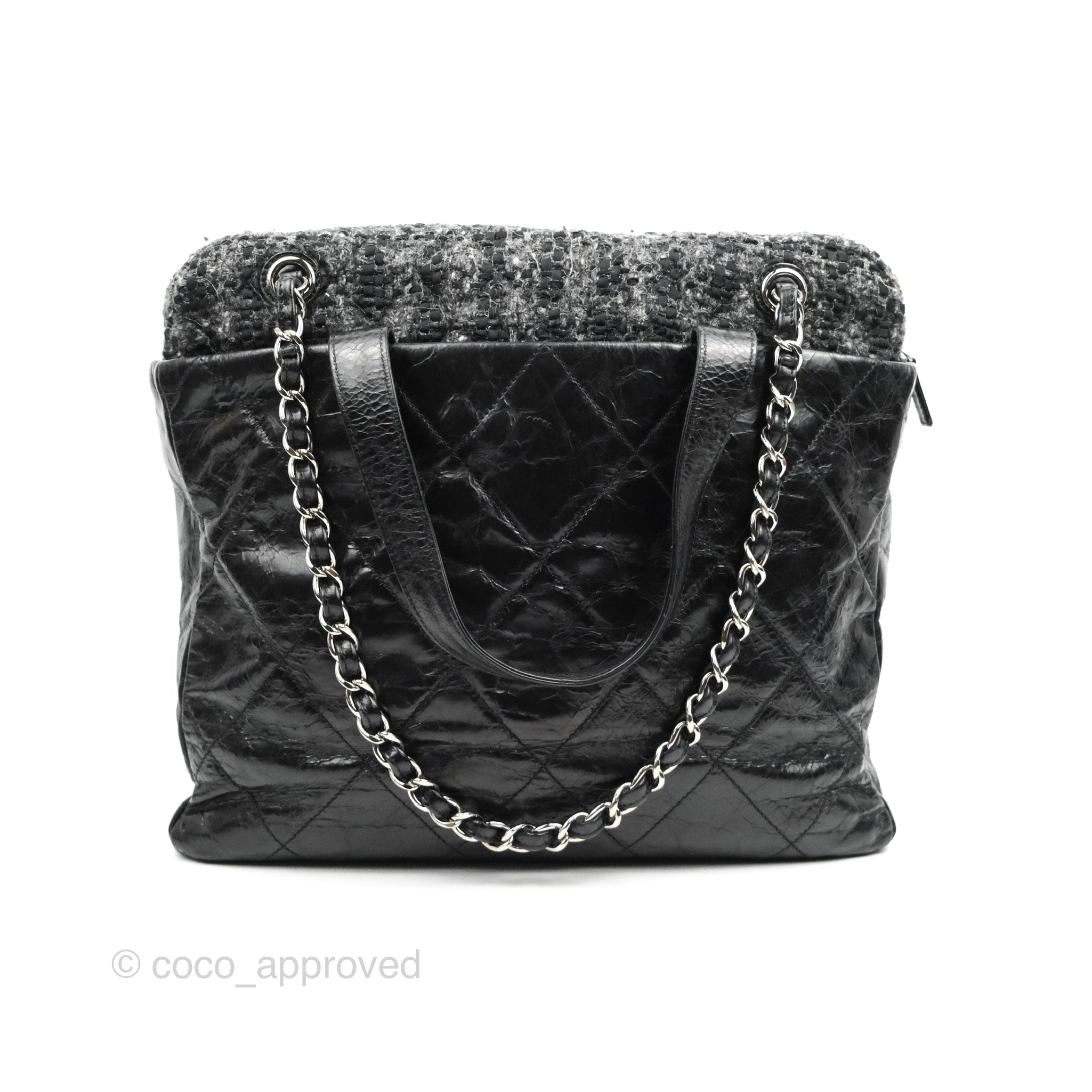 Chanel Black Glazed Calfskin & Tweed Bowling Bag with Silver Hardware - Luxury Designer Handbag for Women, Perfect for Work, Travel and Evening Events