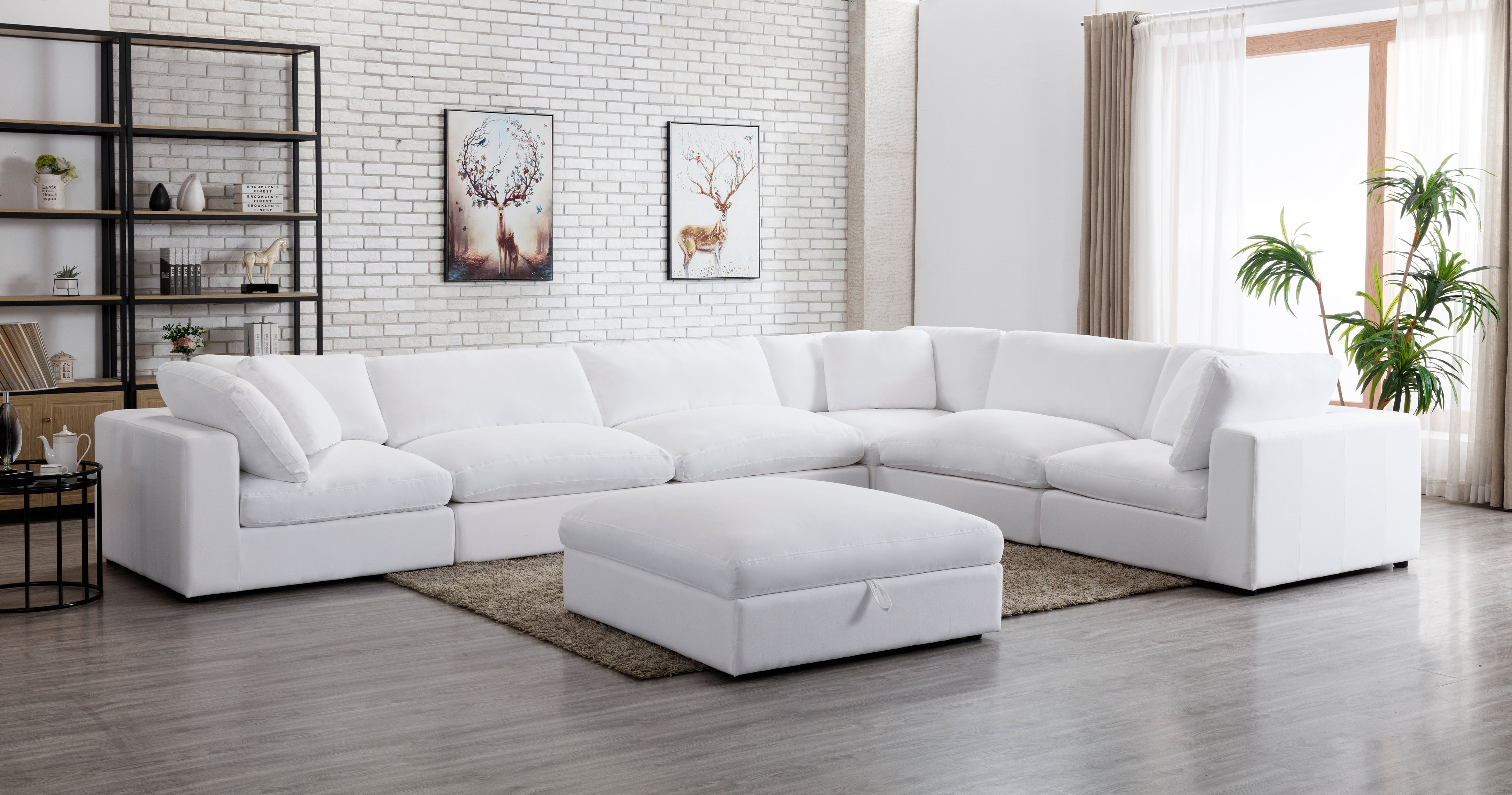 Rivas Contemporary Feather Fill 7-Piece Modular Sectional Sofa with Ottoman in White - Perfect for Living Room, Lounge & Family Room Comfort