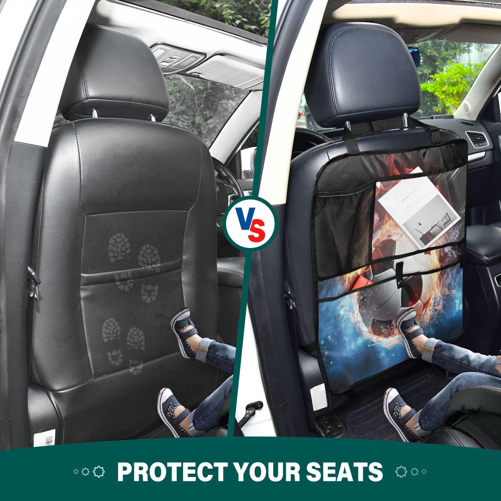 RunningBear Soccer Ball Design 2-Pack Car Seat Protectors - Waterproof & Fire-Resistant Kick Mats with Storage Pockets for Kids | Perfect for Road Trips, School Commutes & Family Travel