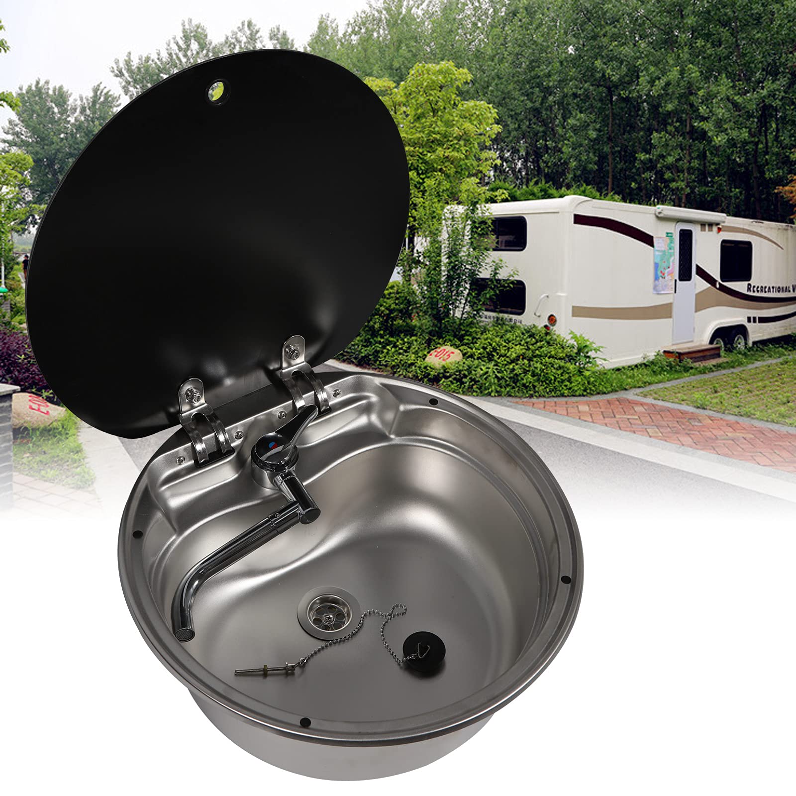 Premium Stainless Steel Oval RV Kitchen Sink with Tempered Glass Lid - Single Bowl Hand Wash Basin for RV, Caravan & Boat - Includes Hot/Cold Faucet - Perfect for Compact Spaces & Mobile Living