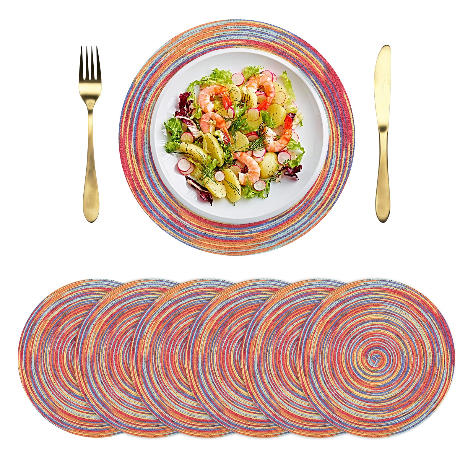 6-Pack Washable Round Woven Placemats for Dining Table - 15 Inch Kitchen Table Mats in Rainbow Red | Perfect for Everyday Meals, Dinner Parties & Holiday Decor