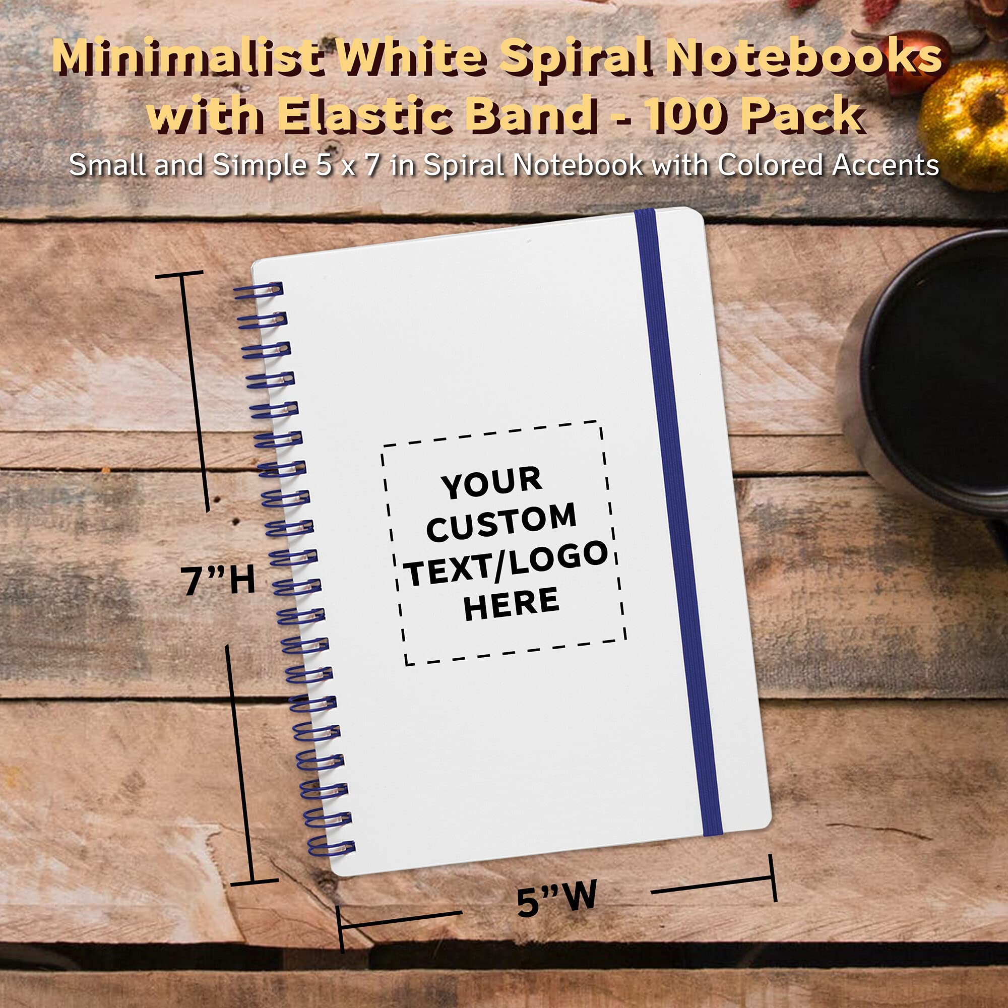 100-Pack White Spiral Notebooks with Elastic Closure | Custom Text & Logo Printing | 80 Lined Pages | Recycled Paper | Perfect for Office, School & Gift Giving (Blue)