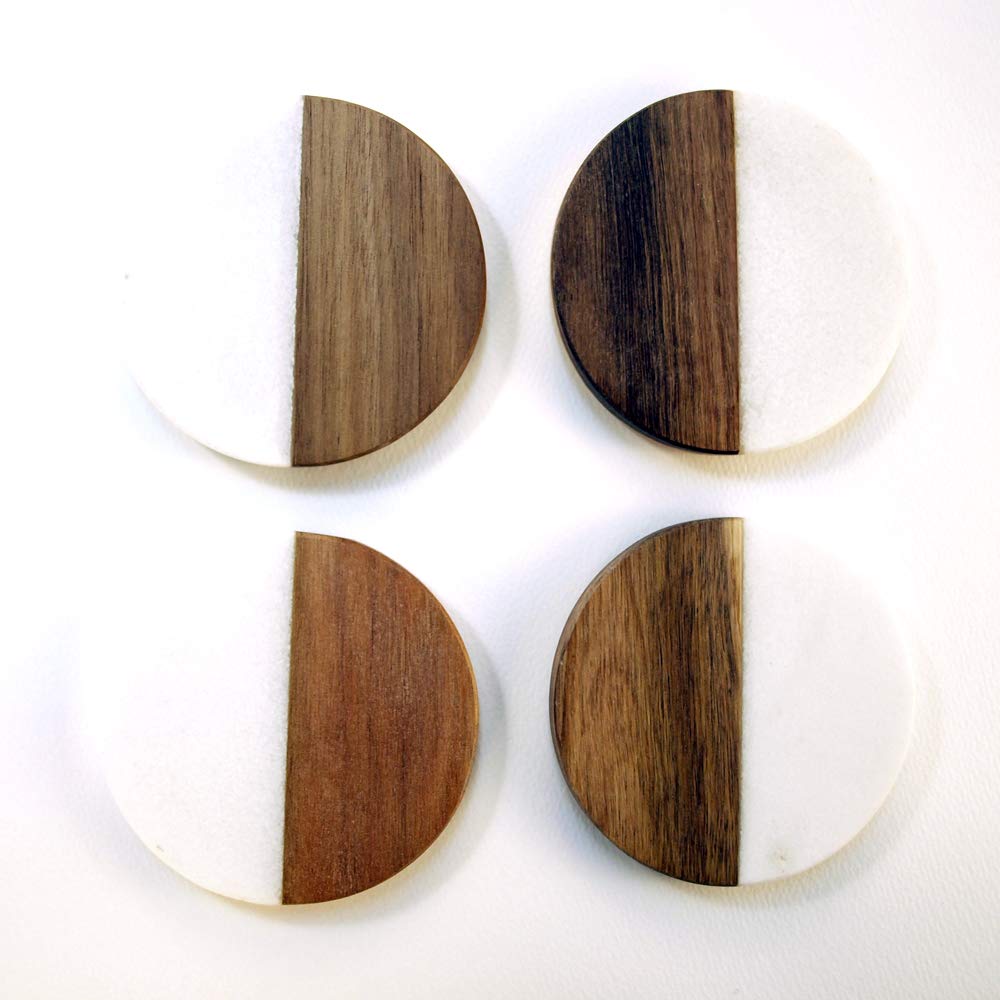 Premium Handcrafted Solid Black & White Marble Coasters with Gold Brass Inlay - Set of 4 Modern Drink Coasters (4