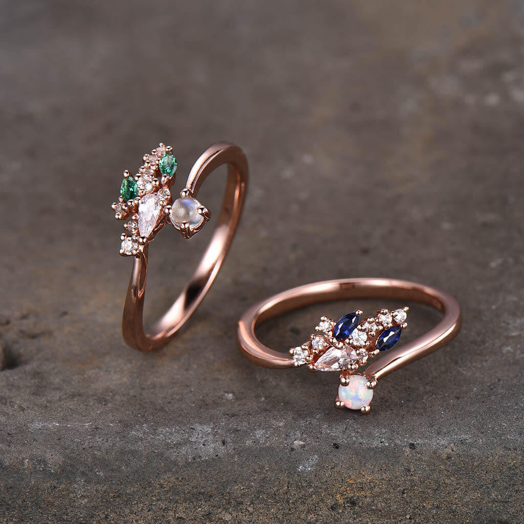Exquisite Curved Opal Sapphire Moissanite Emerald Diamond Engagement Ring Set in Rose Gold - 2 Piece Bridal Jewelry for Weddings, Anniversaries & Special Occasions