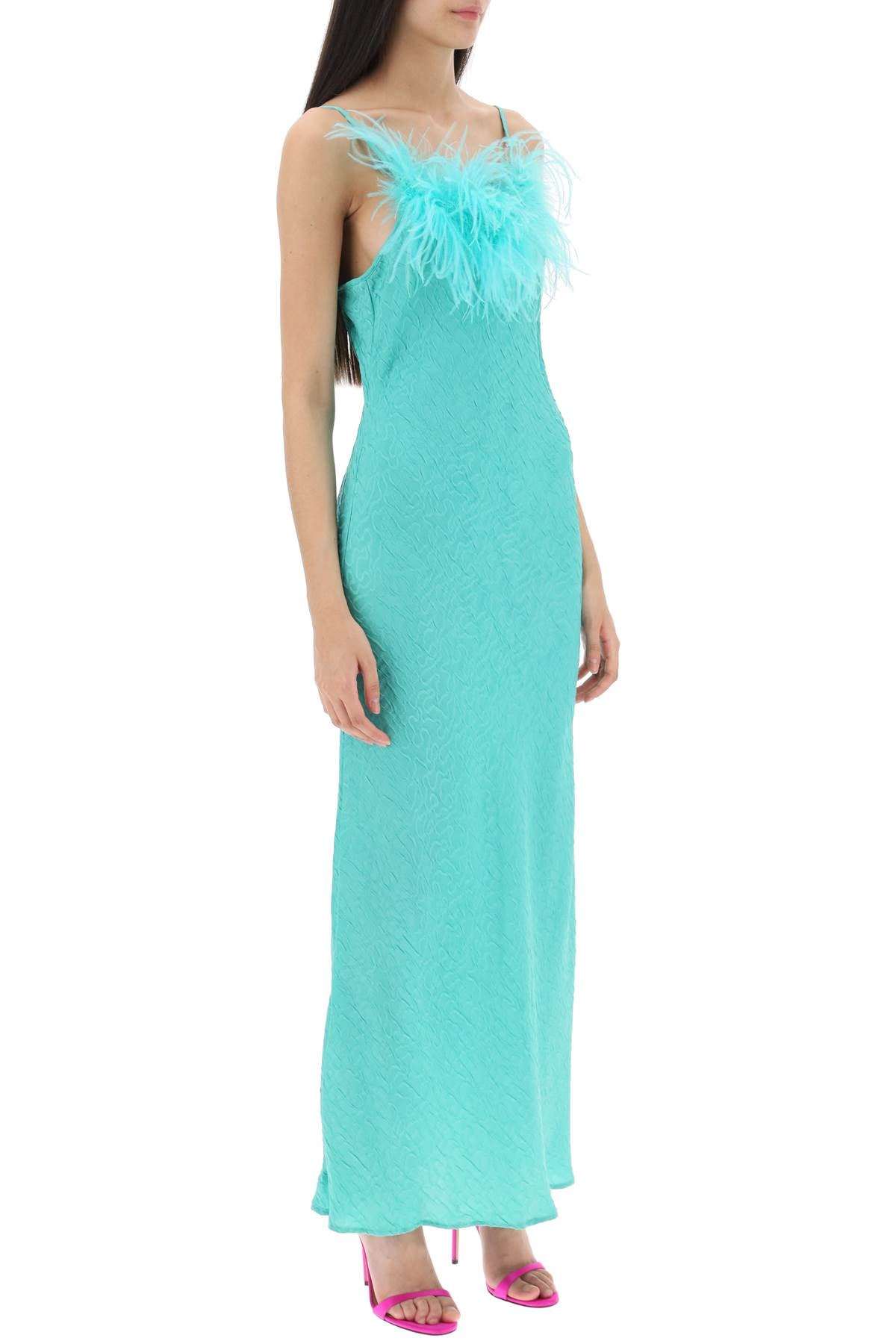 Ella Jacquard Satin Maxi Slip Dress with Feathers - Elegant Evening Gown for Parties, Weddings & Special Occasions