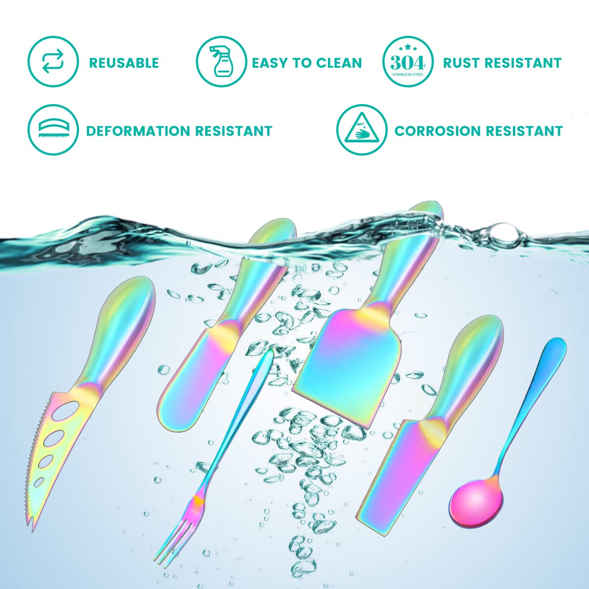 Colorful Stainless Steel Cheese Spreader Knife Set - Butter Knives Kit for Cheese & Charcuterie Boards with Mini Slicer, Tongs, Spoons, Forks & Wooden Honey Dipper - Perfect for Parties, Picnics & Gourmet Entertaining
