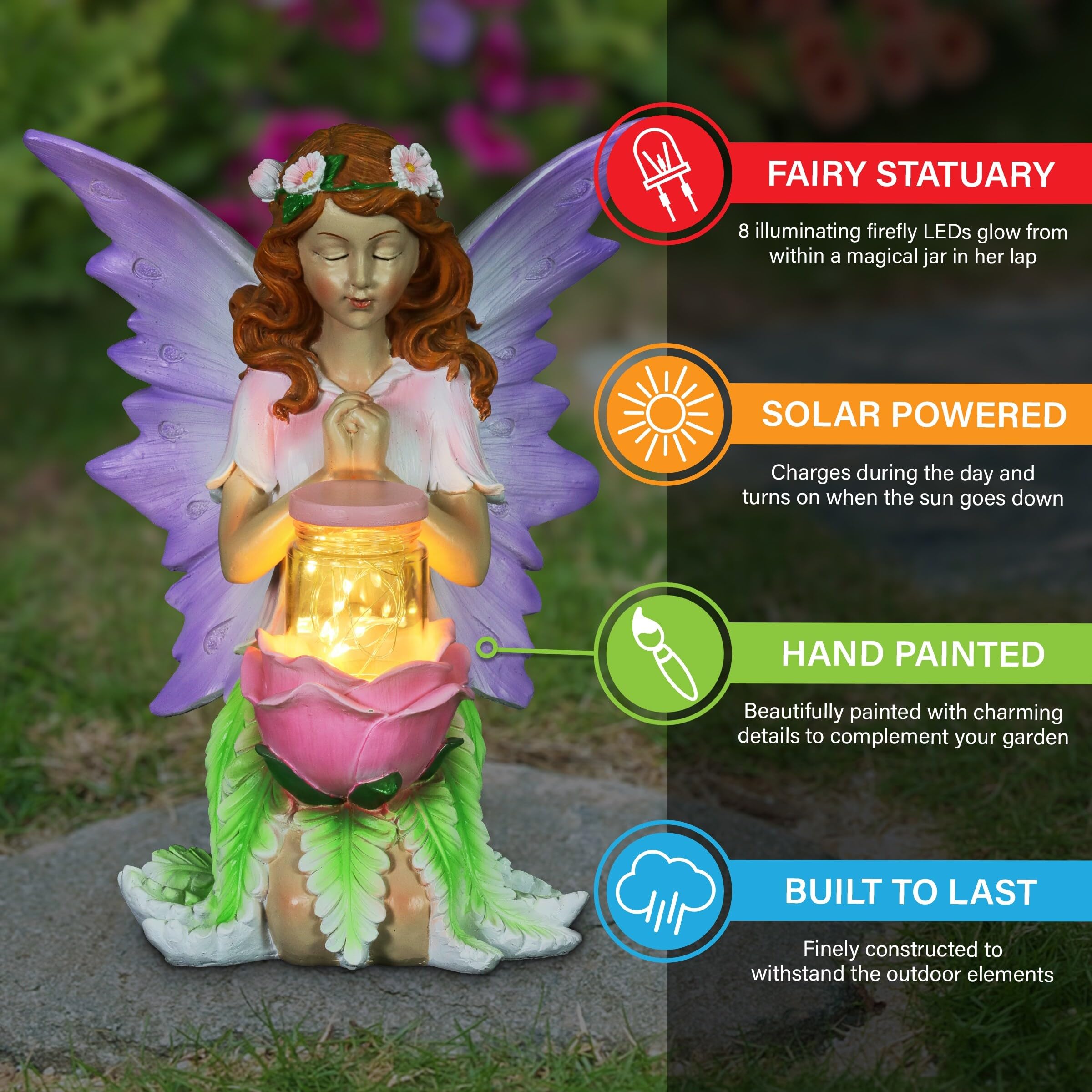 Exhart Solar Fairy Garden Statue with Rose & Firefly Jar - 8 LED Lights, 7.5 x 8.5 x 10 Inch Outdoor Lawn & Yard Decoration - Perfect for Fairy Gardens, Patios, and Backyard Landscaping