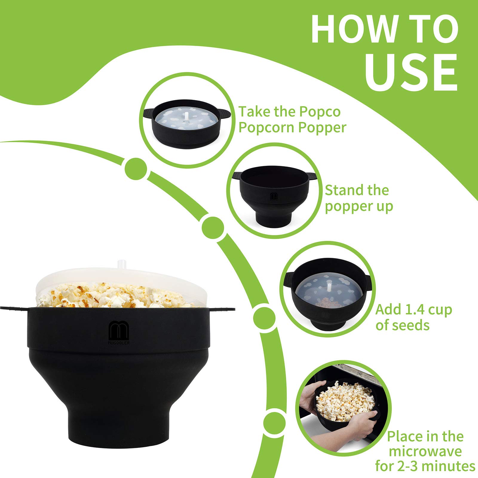 Original MMUGOOLER Silicone Microwave Popcorn Popper - BPA-Free, Collapsible Bowl with Lid, Dishwasher Safe for Easy Cleaning - Quick & Healthy Snack Maker for Movie Nights, Parties, and Family Time (Black)