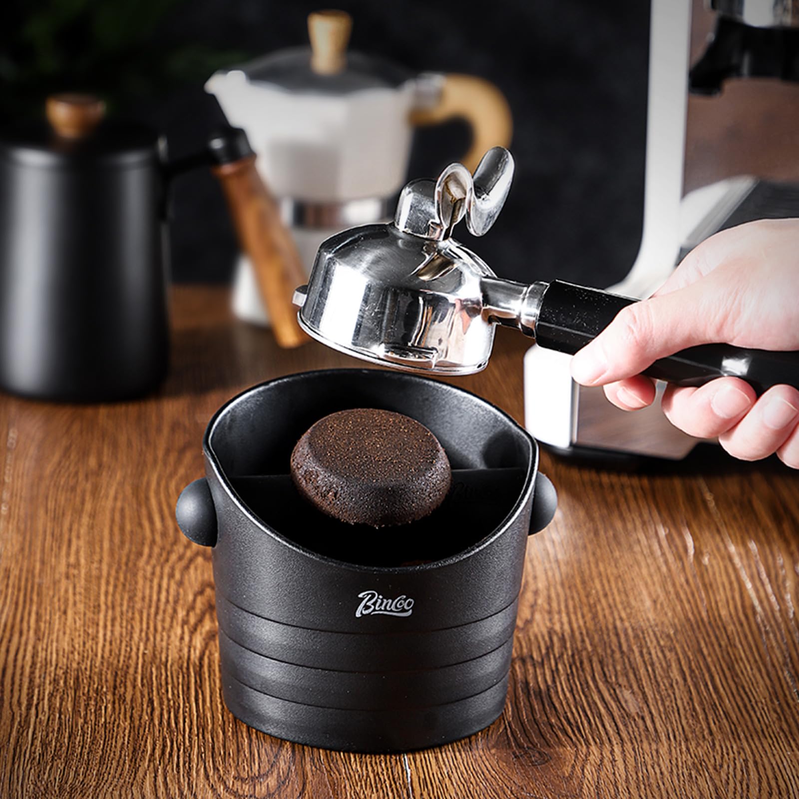 Bincoo Mini 4.5 Inch Coffee Knock Box - Compact Espresso Grounds Container for Home & Bar Use - Durable Black Coffee Accessory - Perfect for Espresso Machines & Coffee Station Organization