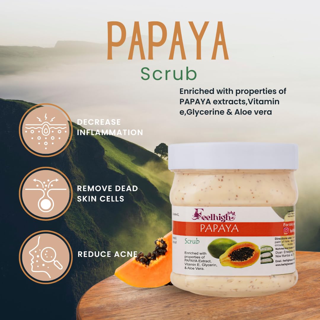 Feelhigh Papaya Face & Body Scrub + De-Tan Cream Set - Natural Skin Brightening & Exfoliating for Glowing Skin - Perfect for Daily Skincare & Sun Tan Removal