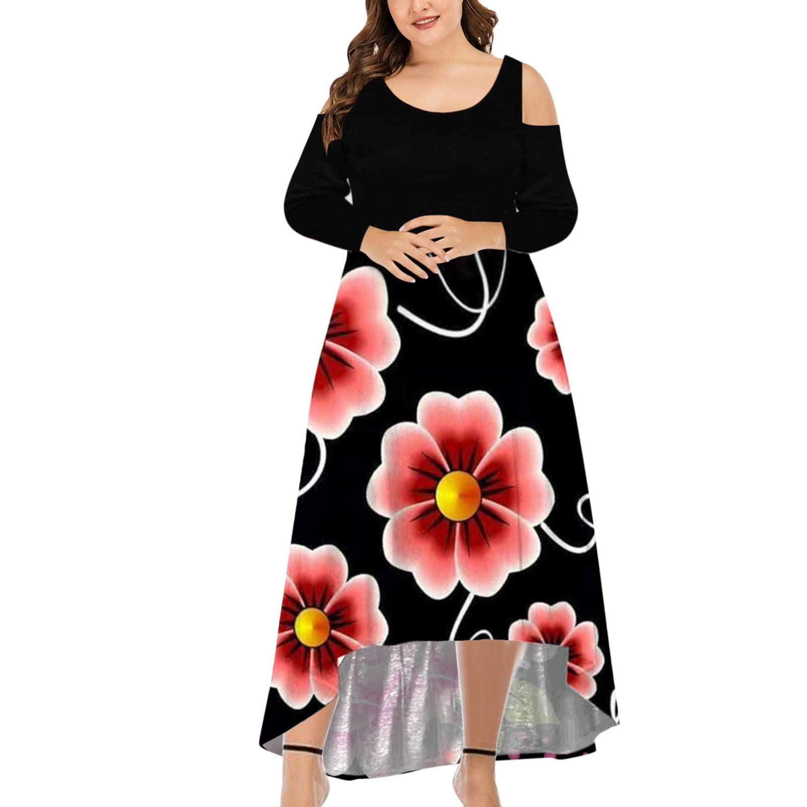 Plus Size Maxi Dresses for Women - Elegant Cold Shoulder Long Sleeve Wedding Guest Dress with Floral Print, High-Low Hem for Casual & Formal Occasions - Perfect for Weddings, Parties & Special Events