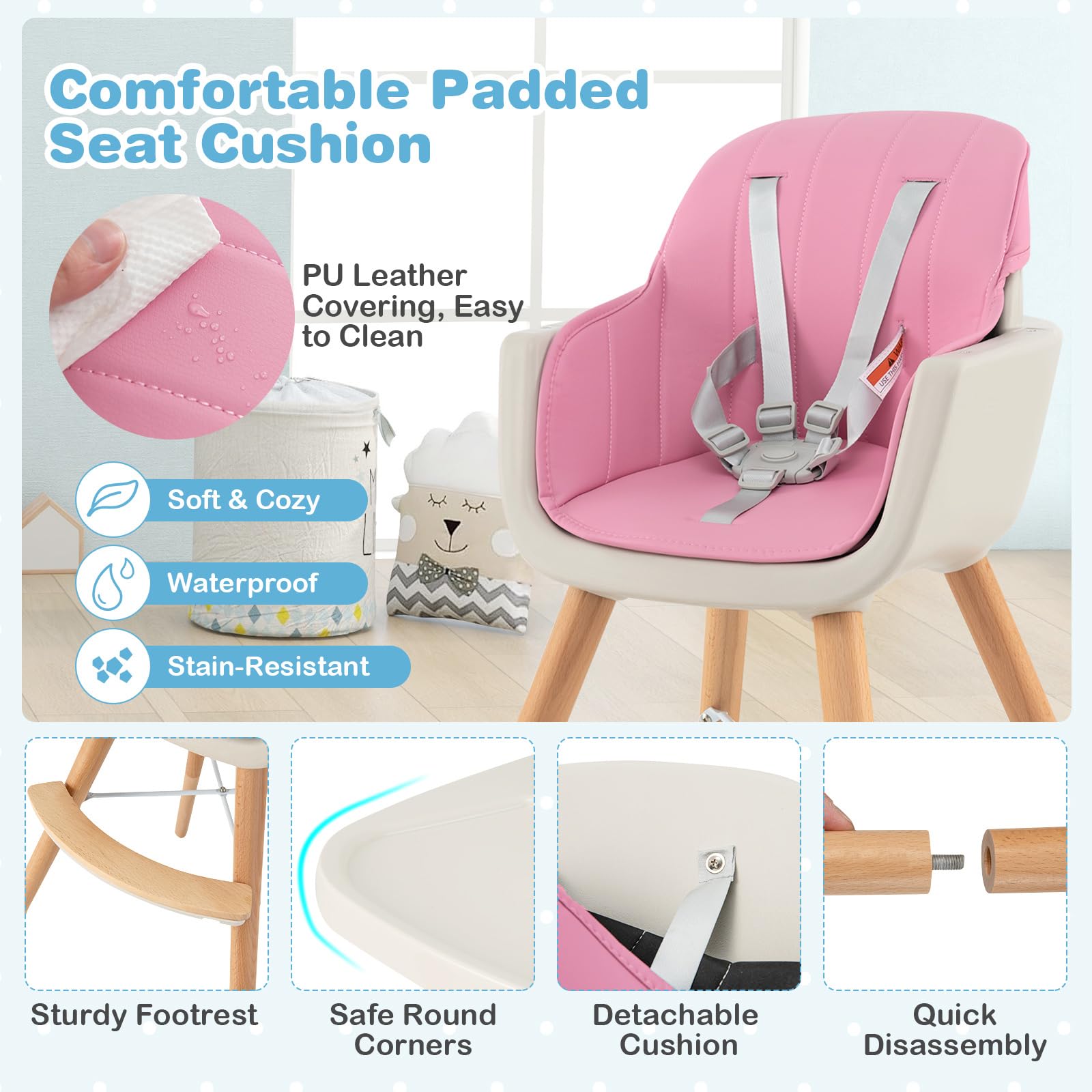 HONEY JOY 3-in-1 Wooden High Chair for Babies & Toddlers - Convertible Booster Seat with Removable Tray, 5-Point Safety Harness, PU Cushion & Adjustable Footrest - Perfect for Dining, Feeding & Learning (Pink)