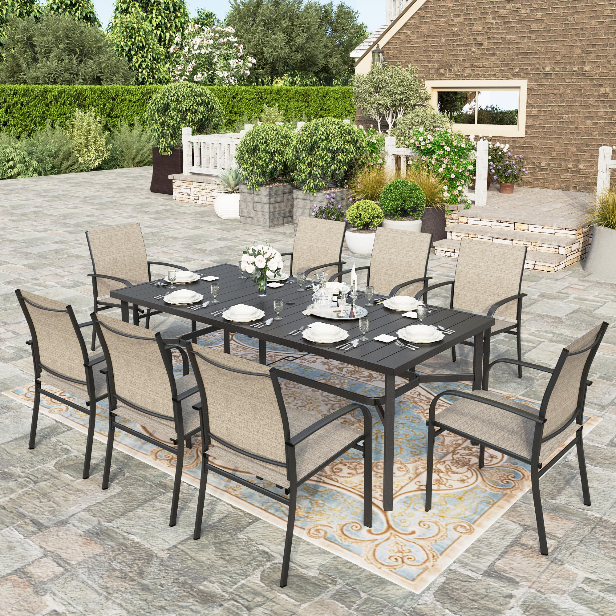 HERA'S HOUSE 9-Piece Outdoor Patio Dining Set - 8 Brown Textilene Chairs & 83