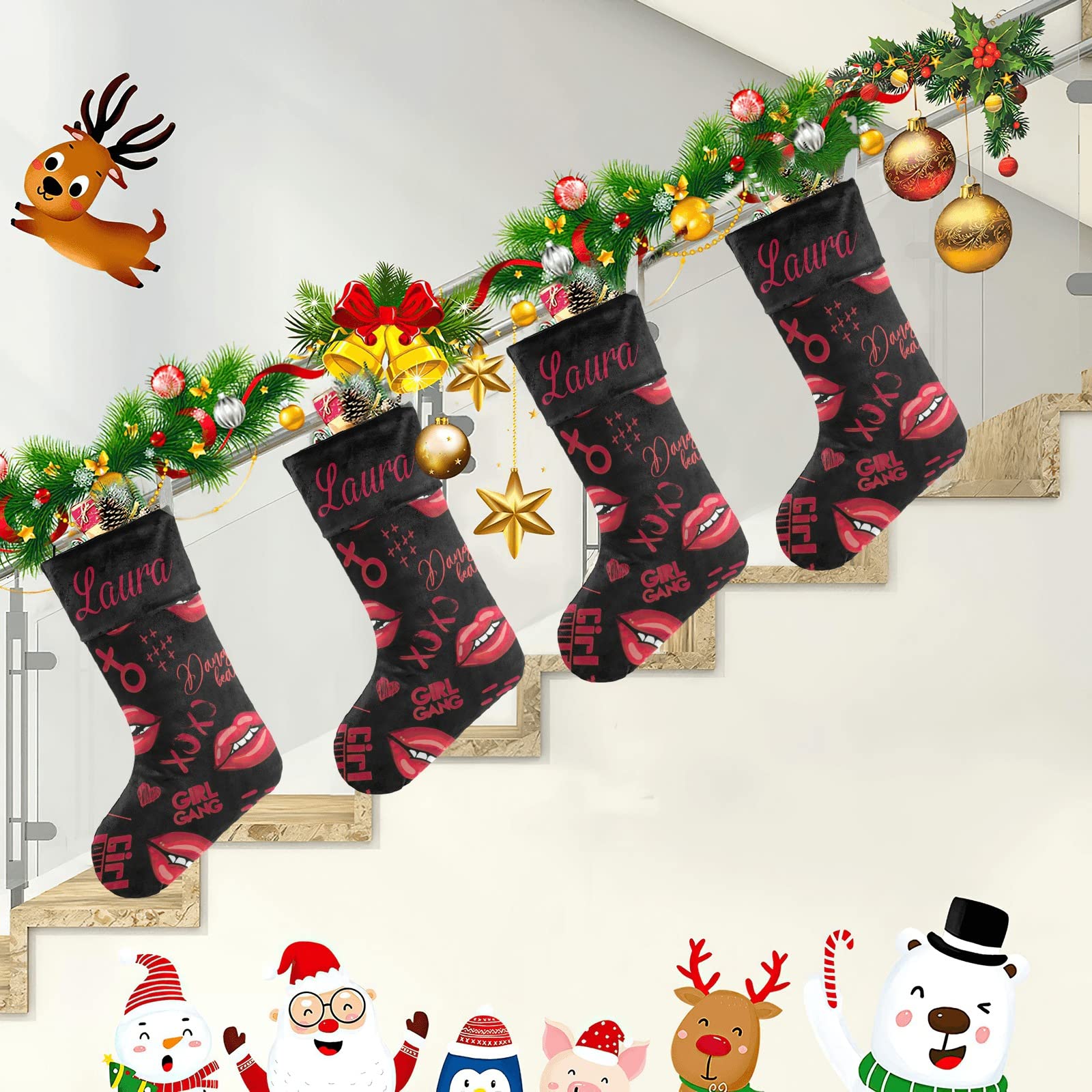 Personalized Christmas Stockings with Kiss Lips & Hearts Design - Custom Name Holiday Socks for Family Party Decor (17.52 x 7.87 Inch) - Perfect for Fireplace Mantel, Gift Exchange & Festive Home Decor