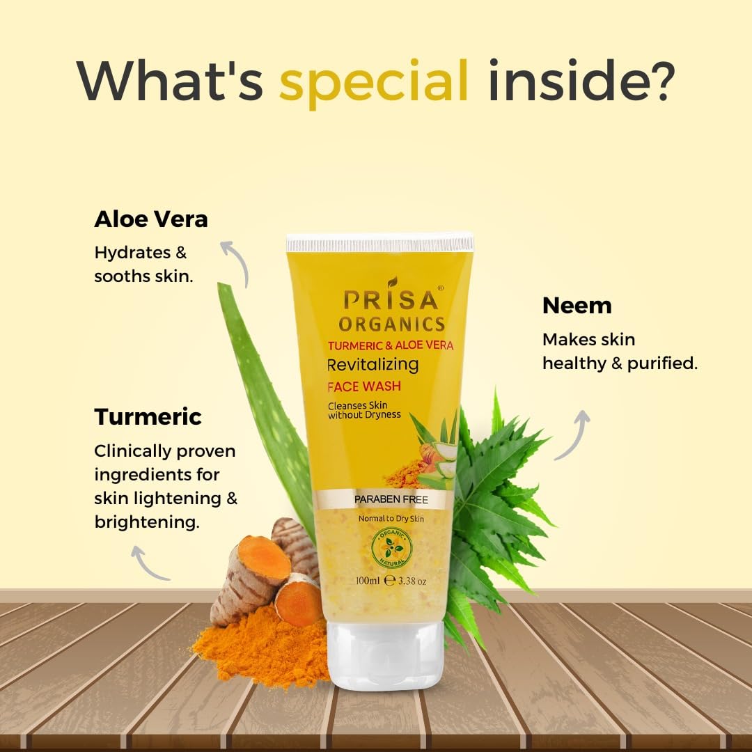 Prisa Organics Turmeric & Aloe Vera Revitalizing Face Wash - Natural Acne Control for All Skin Types | Fights Pimples & Blackheads | Paraben-Free 100ml | Daily Cleansing & Skin Brightening for Men & Women
