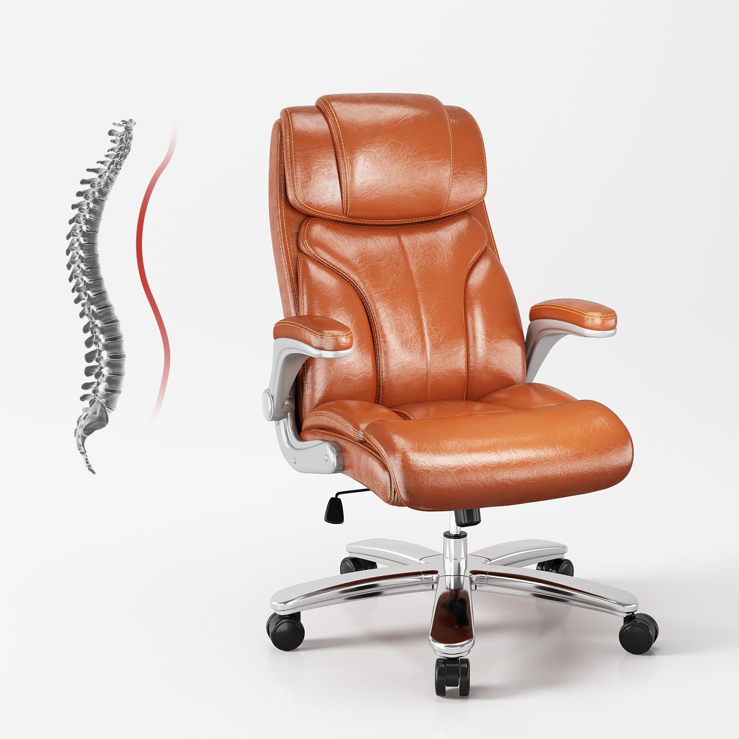 Premium Leather Executive Office Chair - High Back Big & Tall Desk Chair with Wheels, Flip-Up Arms & Lumbar Support - Ergonomic Computer Chair for Home Office (Orange) - Perfect for Long Work Hours & Professional Workspaces