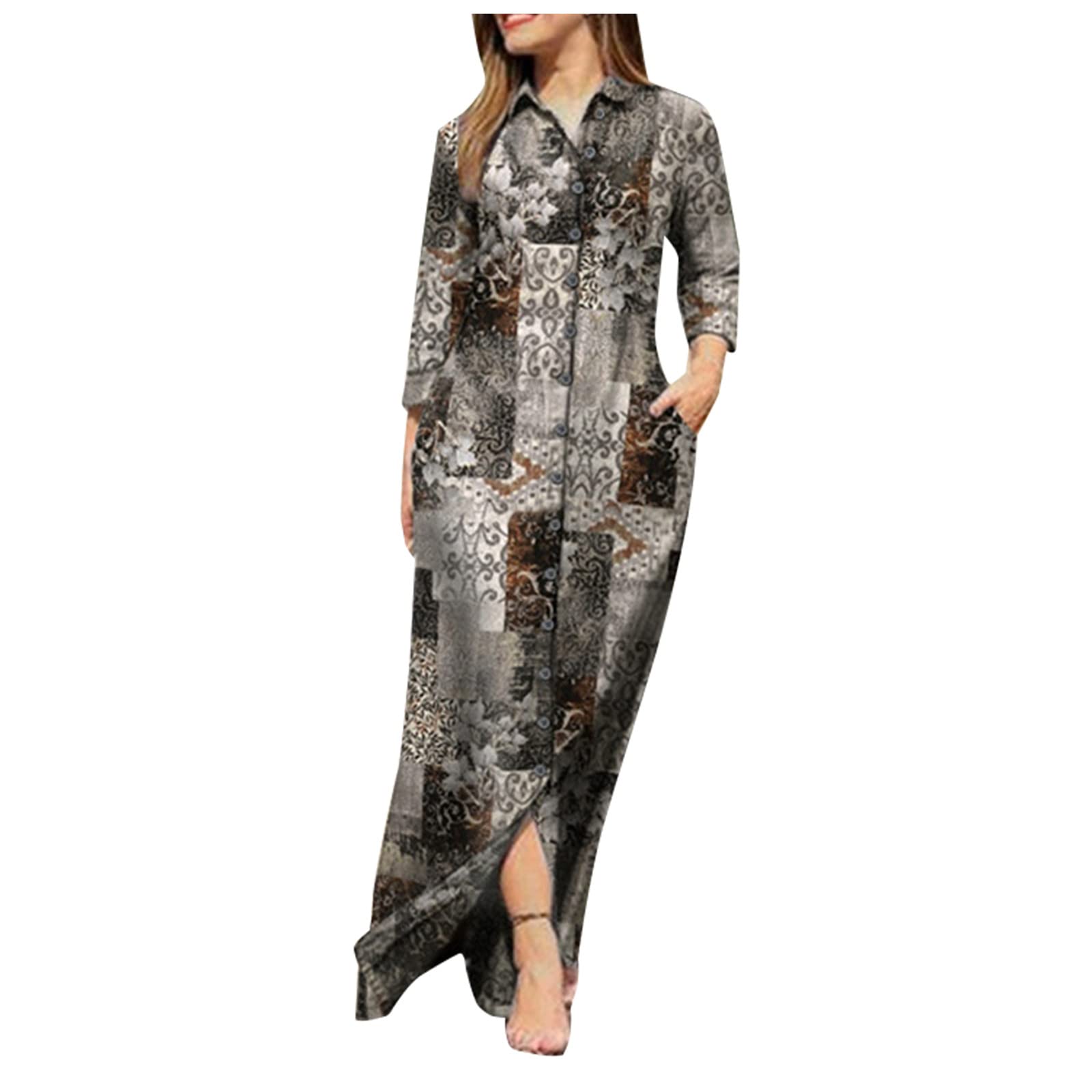 Vintage Print Women's Long Sleeve Lapel Button Dress - High Waist Flowy Casual & Evening Wear for Beach, Party, and Daily Outfits
