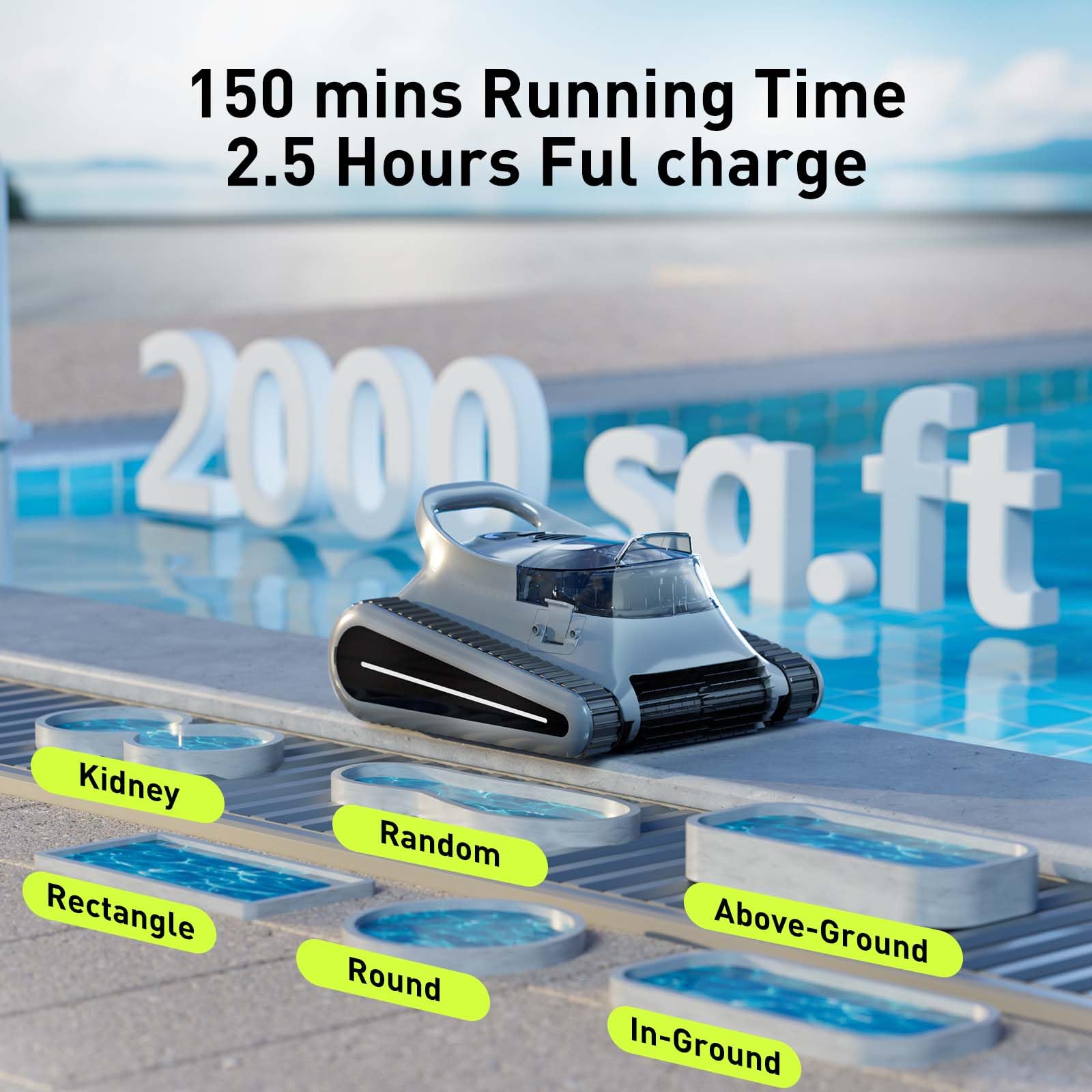 **Best Above Ground & Inground Pool Vacuum Cleaner - Up to 2000 Sq.ft Coverage, 150 Mins Runtime, Dual Brushes for Superior Wall & Floor Cleaning - Automatic Pool Cleaner for Sparkling Clean Pools (Ideal for Weekly Maintenance & Seasonal Pool Care)**