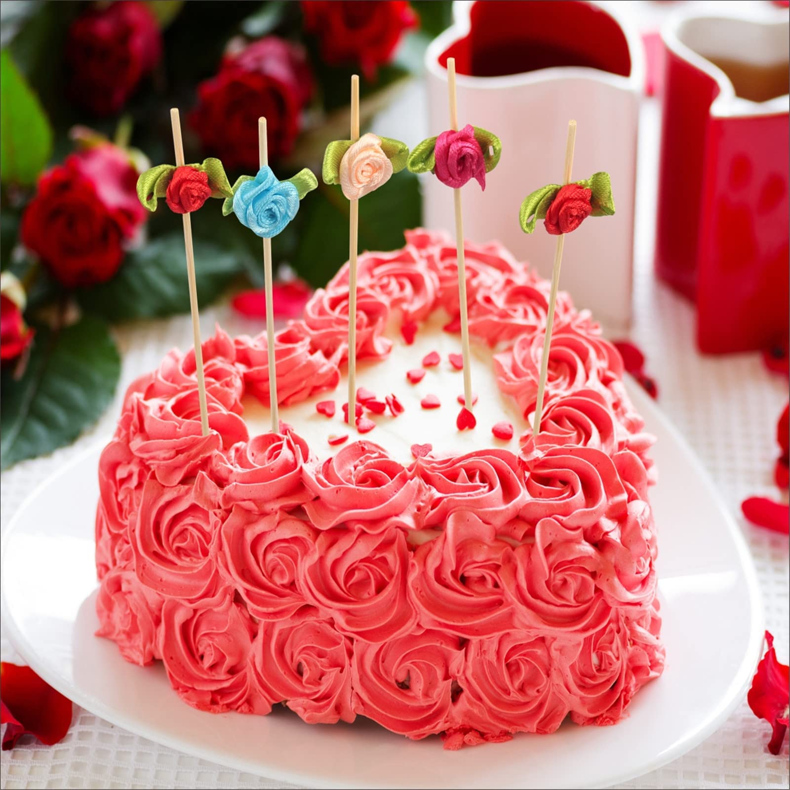 200-Pack 4.7 Inch Decorative Bamboo Toothpicks - Heart & Rose Designs for Appetizers, Cocktails, Cheese Plates & Party Decorations